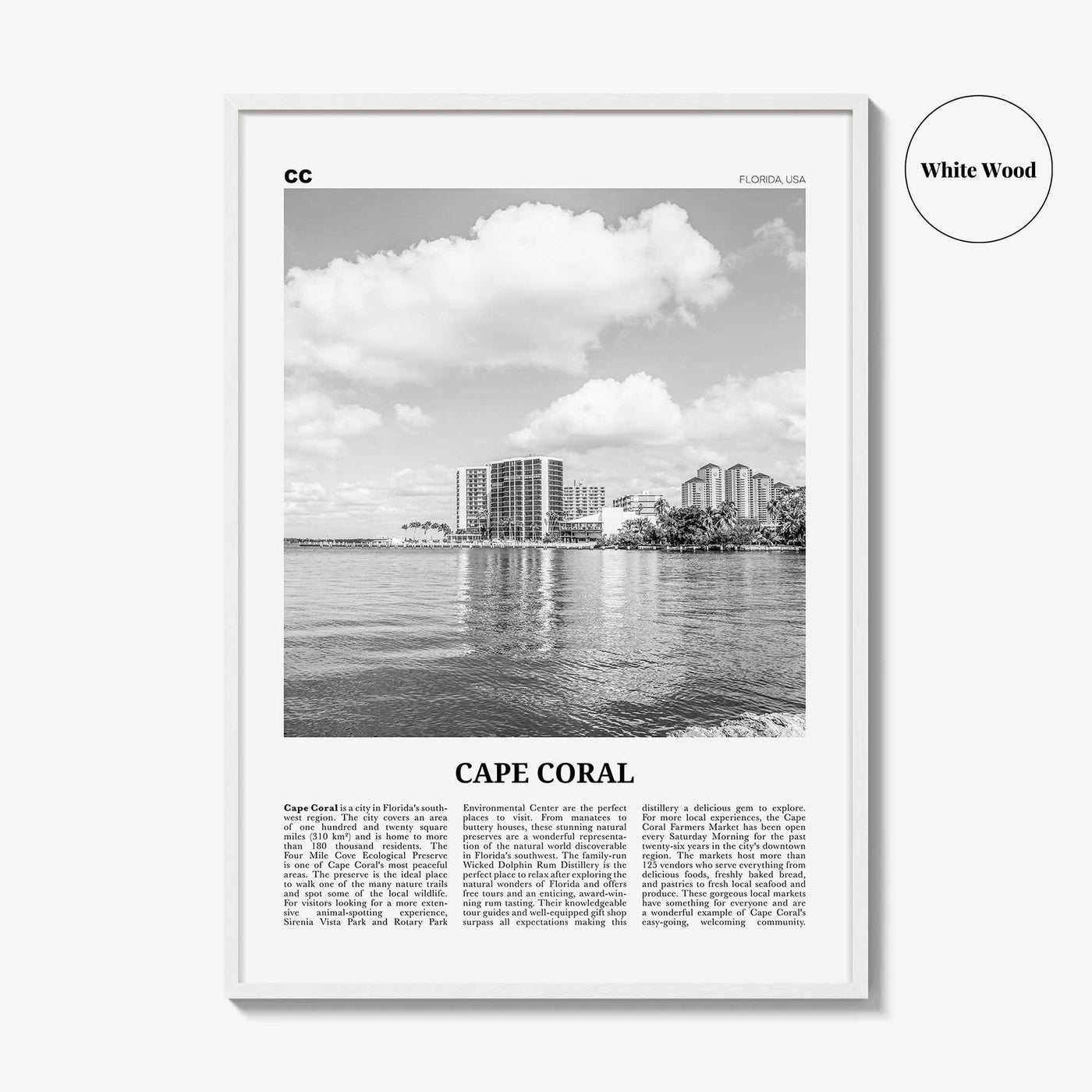 Cape Coral Print Black and White, Cape Coral Wall Art, Cape Coral Poster, Cape Coral Photo, Cape Coral Map, Florida, USA, United States