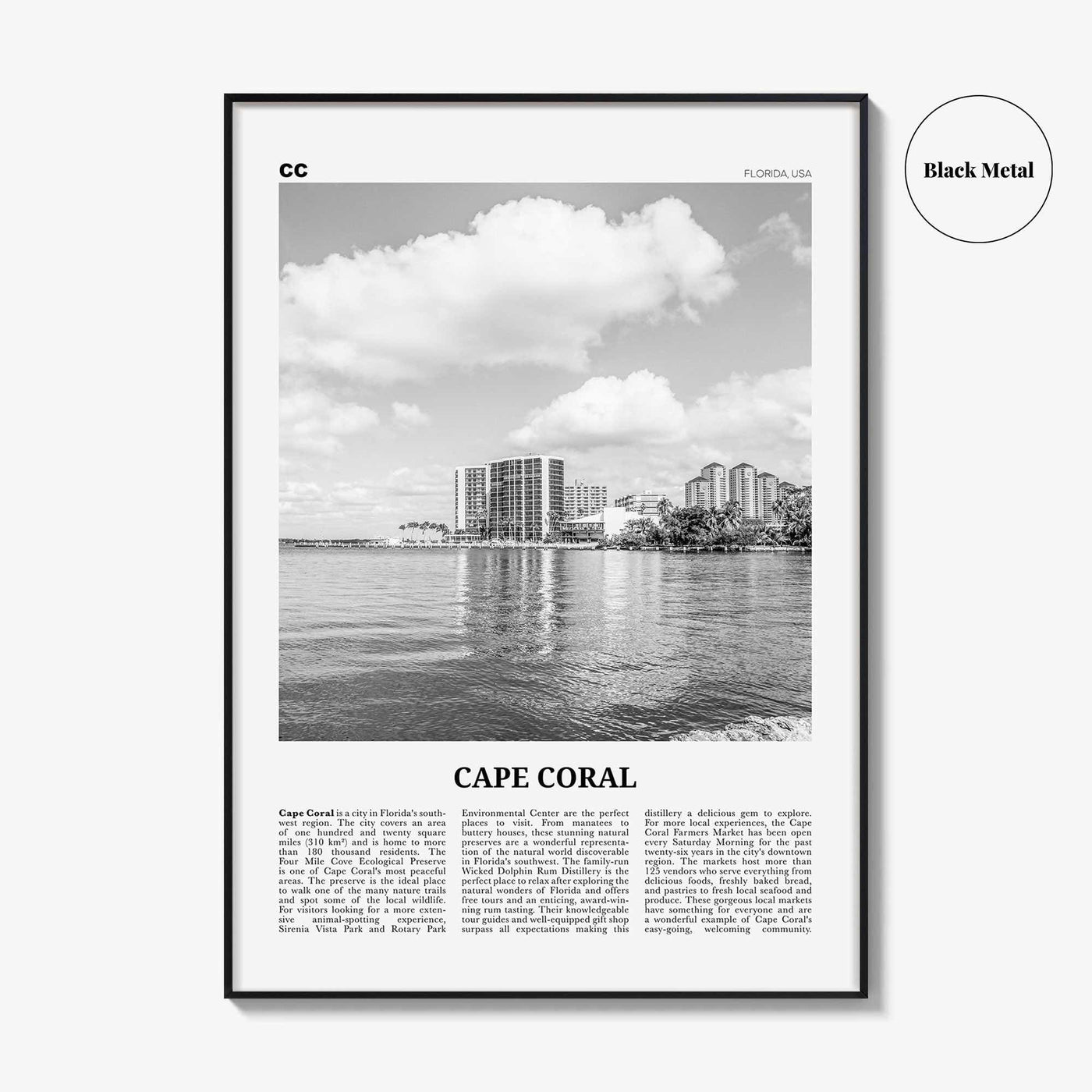 Cape Coral Print Black and White, Cape Coral Wall Art, Cape Coral Poster, Cape Coral Photo, Cape Coral Map, Florida, USA, United States