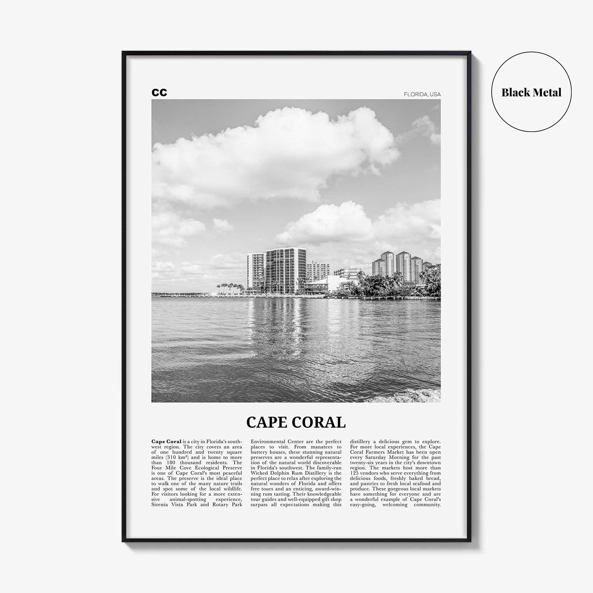 Cape Coral Print Black and White, Cape Coral Wall Art, Cape Coral Poster, Cape Coral Photo, Cape Coral Map, Florida, USA, United States