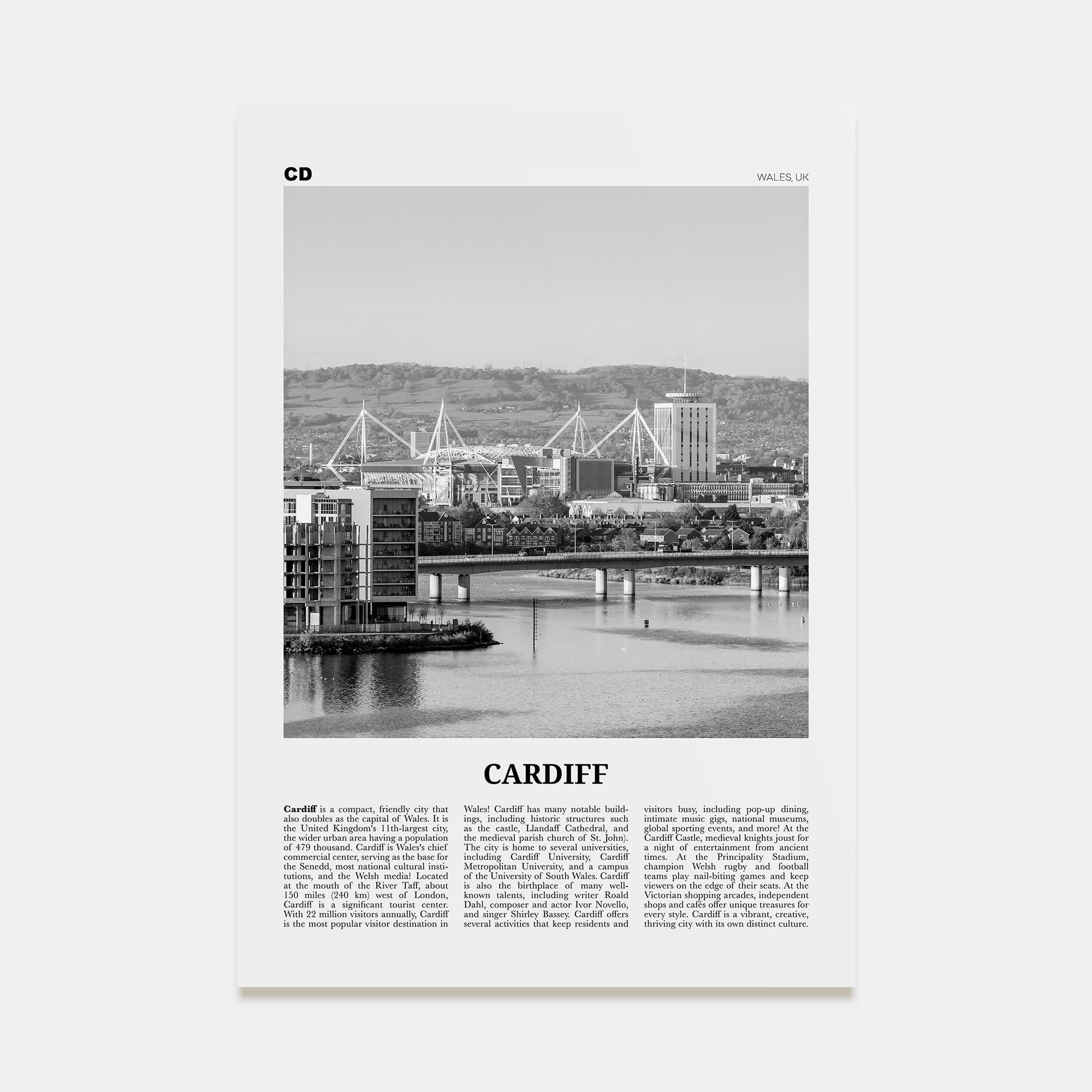 Cardiff Travel B&W Poster