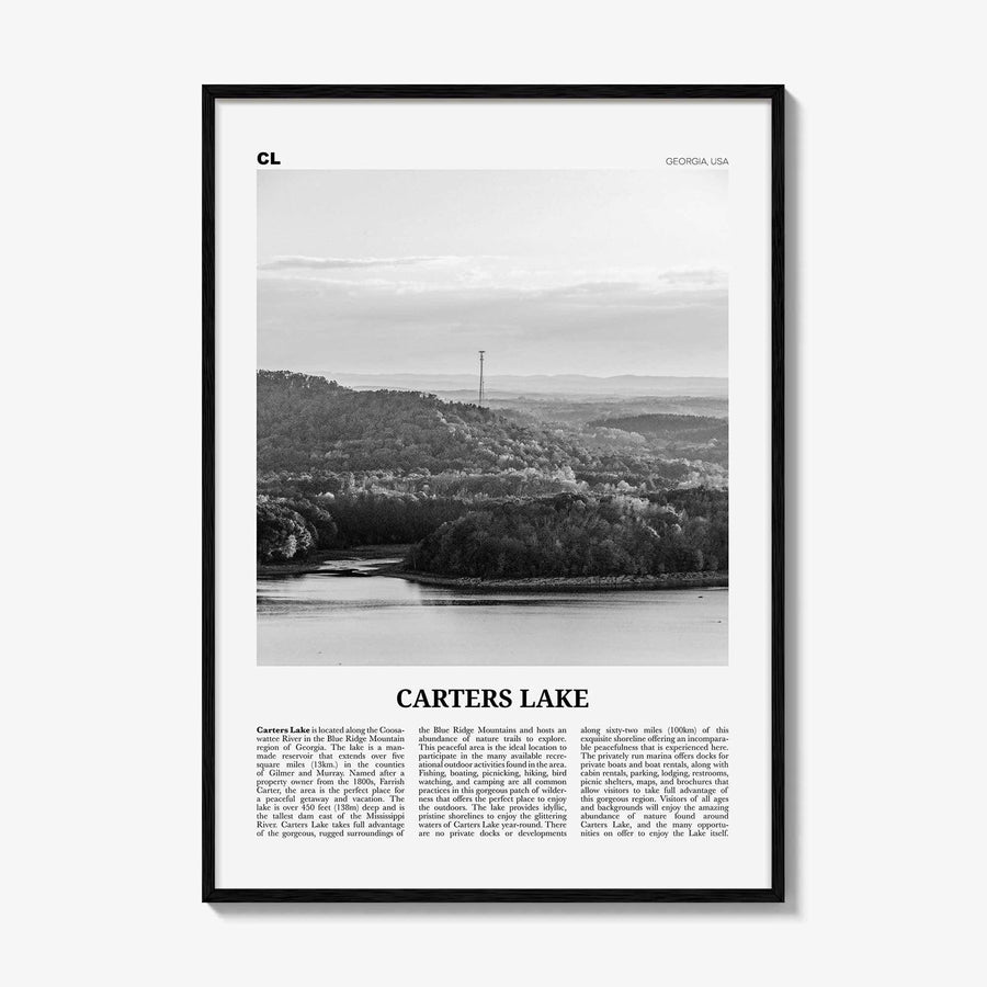 Carters Lake Print Black and White, Carters Lake Wall Art, Carters Lake Poster, Carters Lake Photo, Carters Lake Map, Georgia, USA