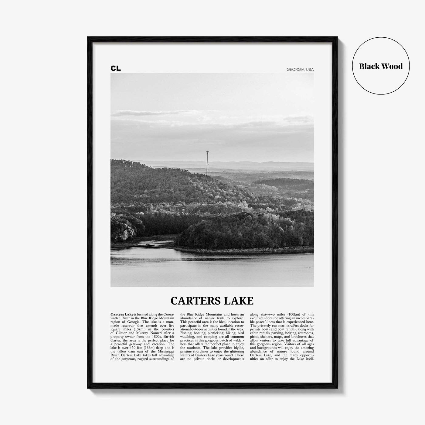 Carters Lake Print Black and White, Carters Lake Wall Art, Carters Lake Poster, Carters Lake Photo, Carters Lake Map, Georgia, USA