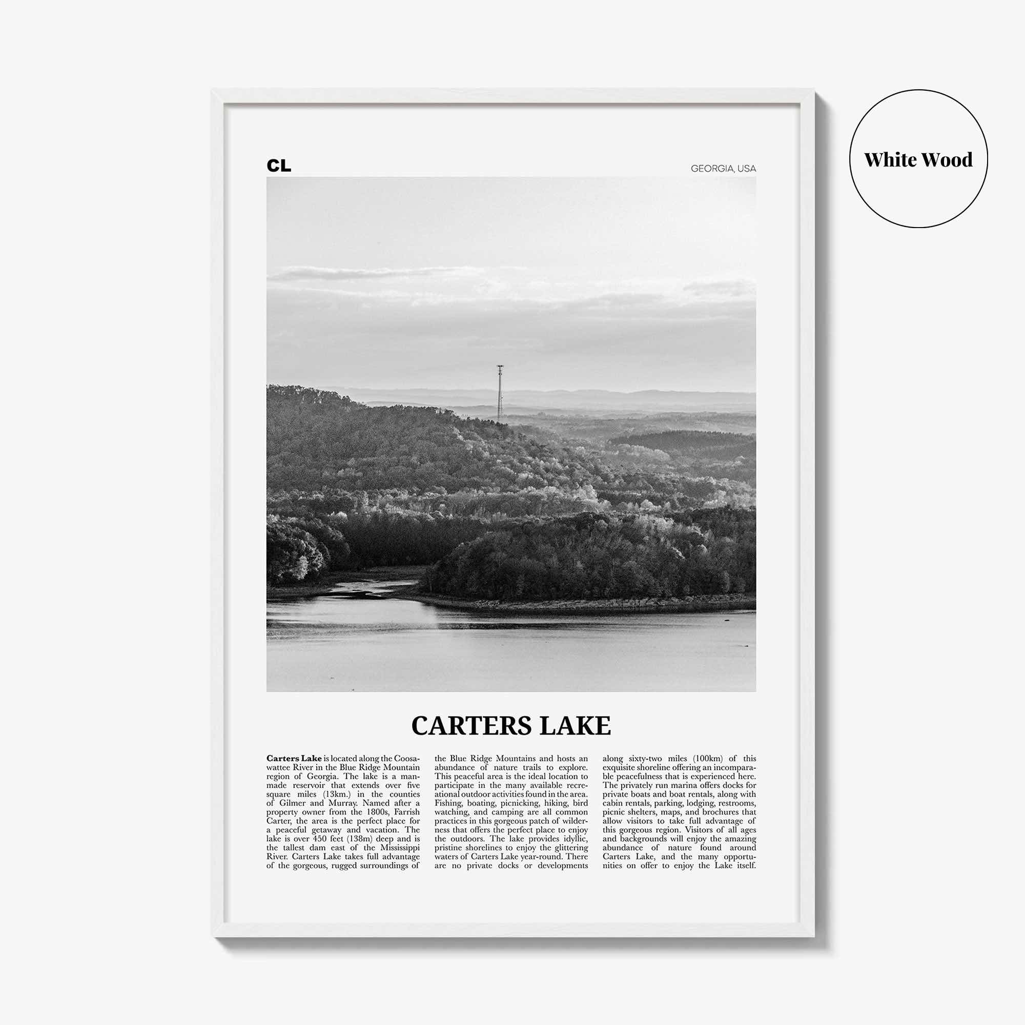 Carters Lake Print Black and White, Carters Lake Wall Art, Carters Lake Poster, Carters Lake Photo, Carters Lake Map, Georgia, USA