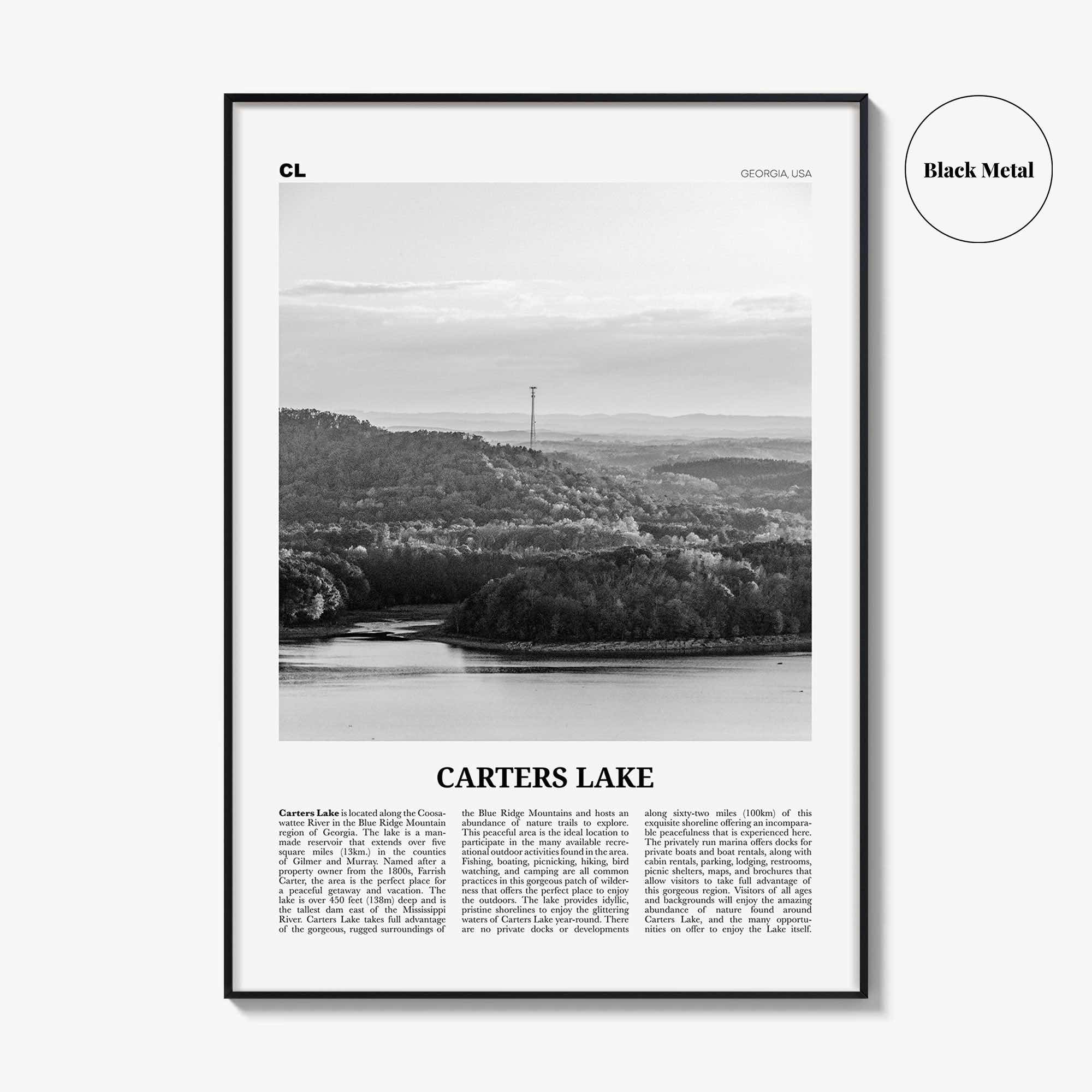 Carters Lake Print Black and White, Carters Lake Wall Art, Carters Lake Poster, Carters Lake Photo, Carters Lake Map, Georgia, USA