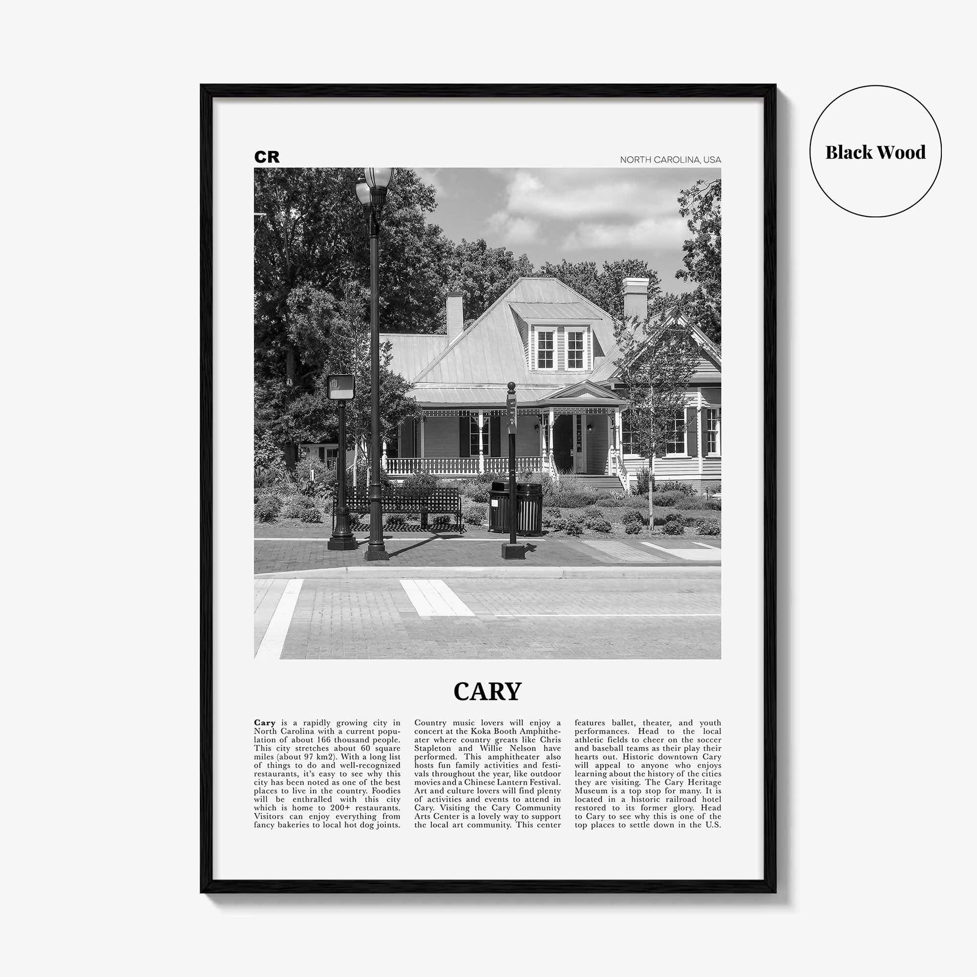 Cary Print Black and White, Cary Wall Art, Cary Poster, Cary Photo, Cary Wall Décor, Cary Map, North Carolina, USA