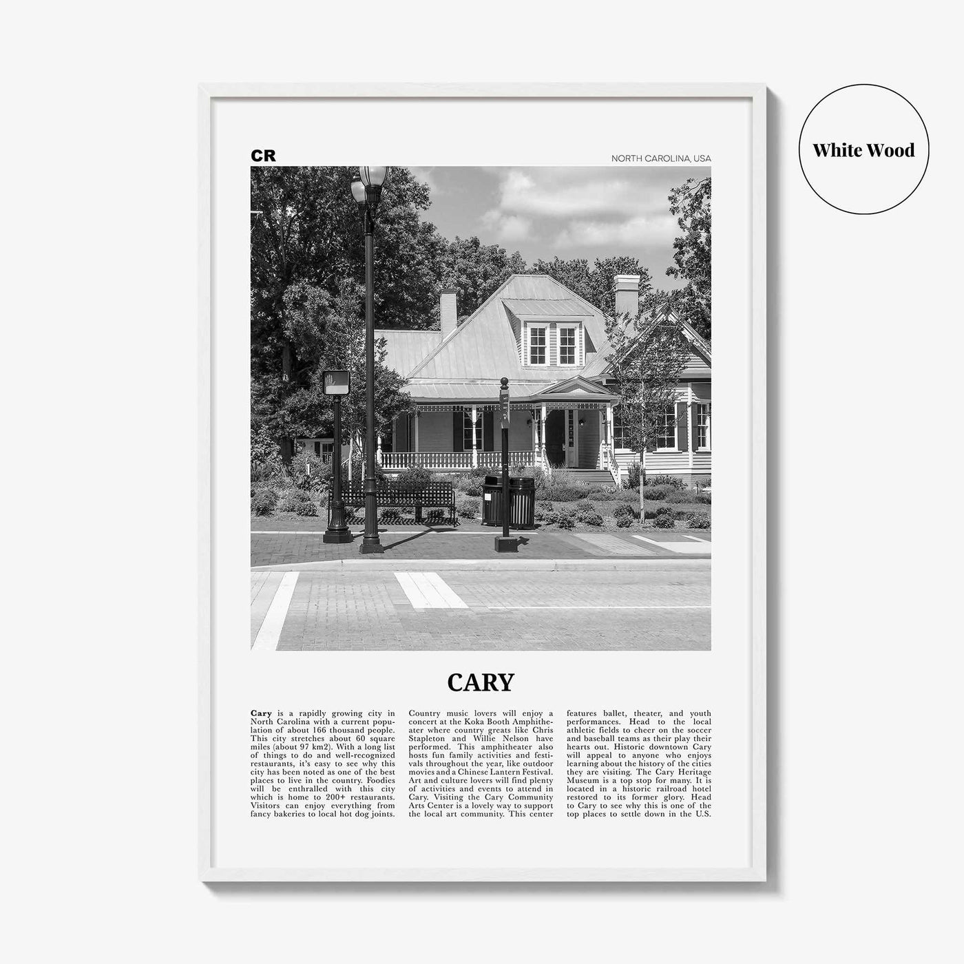 Cary Print Black and White, Cary Wall Art, Cary Poster, Cary Photo, Cary Wall Décor, Cary Map, North Carolina, USA