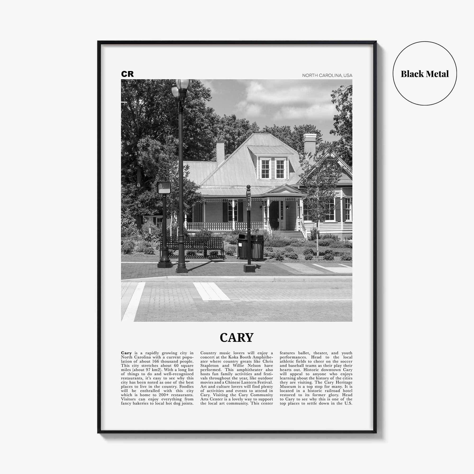 Cary Print Black and White, Cary Wall Art, Cary Poster, Cary Photo, Cary Wall Décor, Cary Map, North Carolina, USA