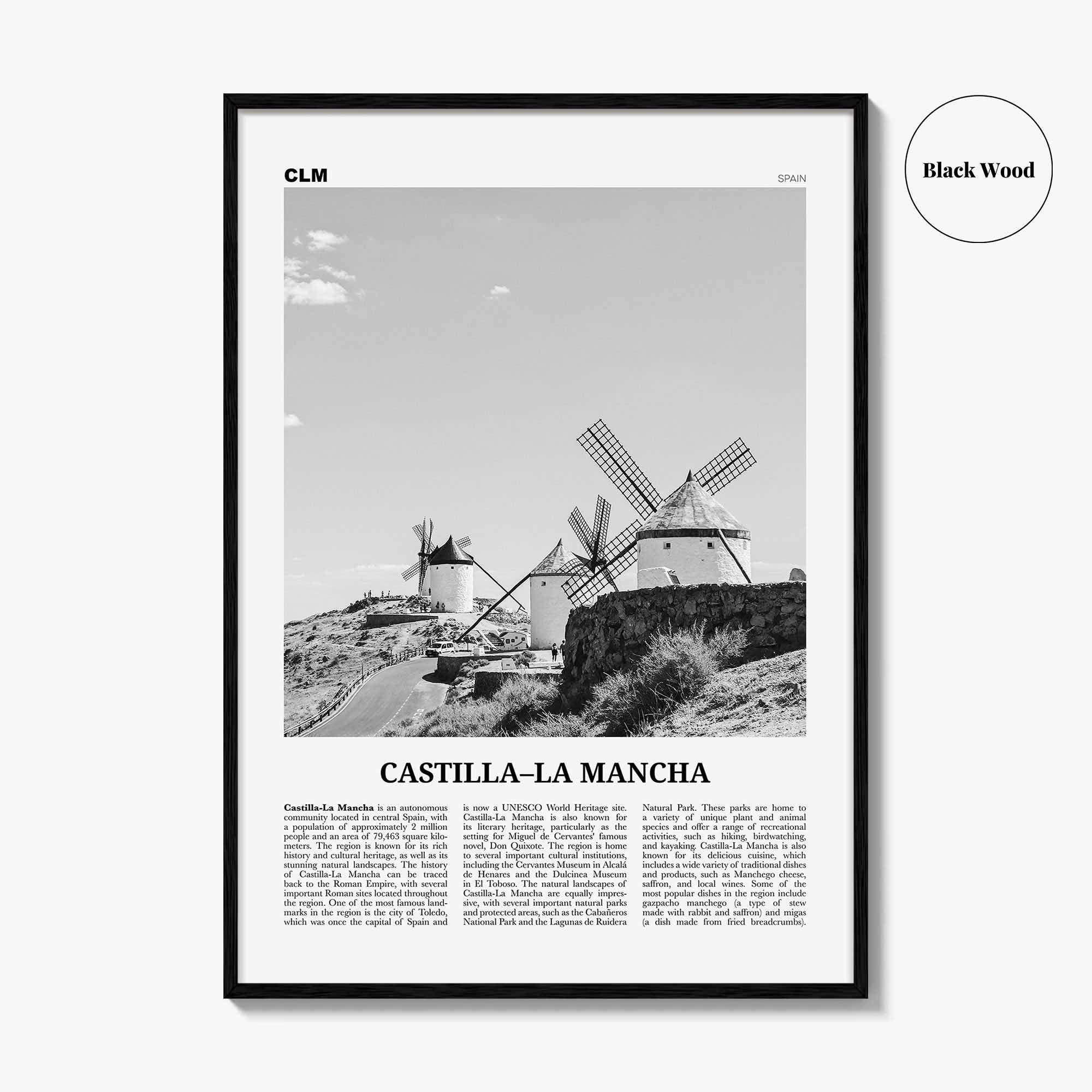 Castilla La Mancha Print Black and White, Castilla–La Mancha Wall Art, Castilla–La Mancha Poster, Castilla–La Mancha Photo, Wall Décor, Map