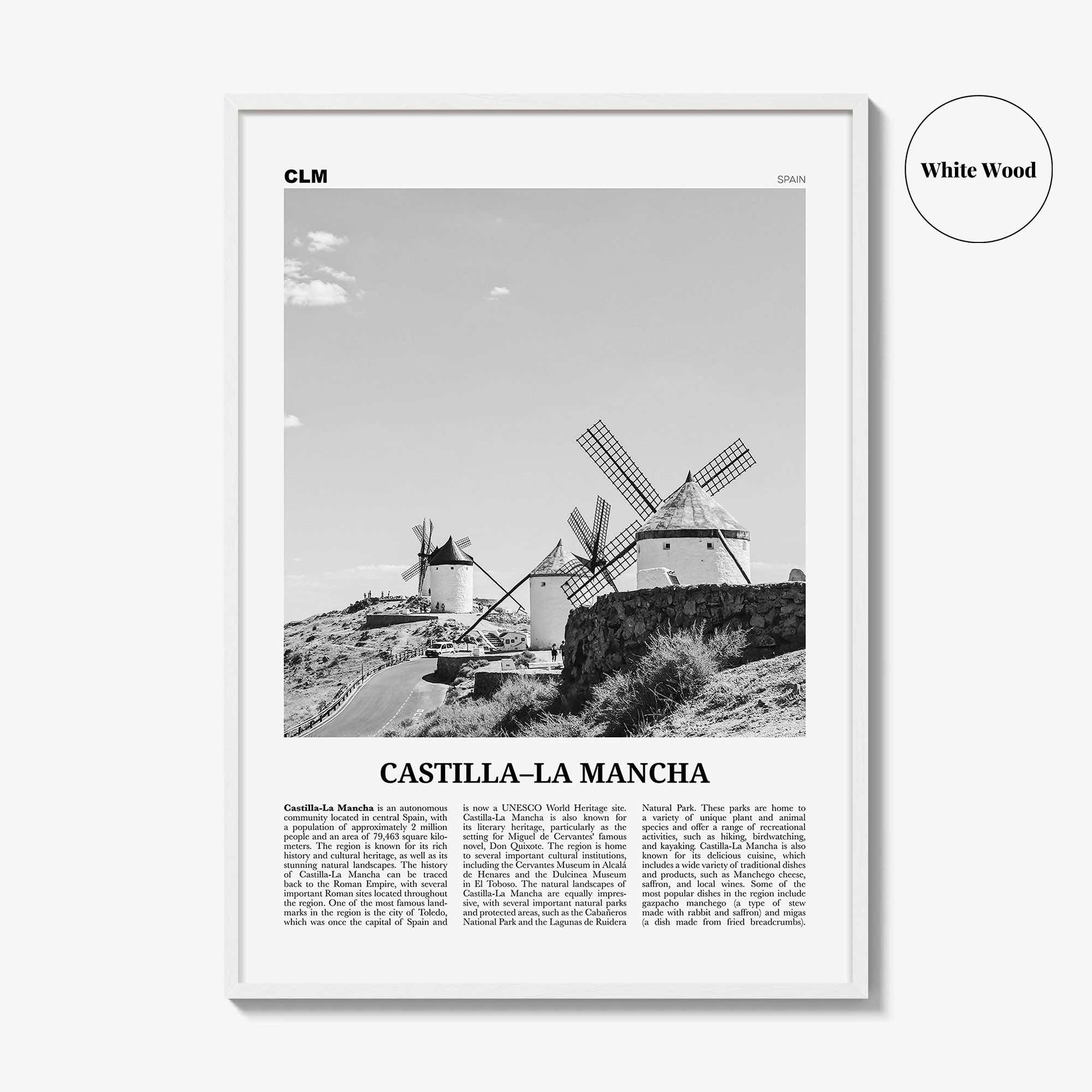 Castilla La Mancha Print Black and White, Castilla–La Mancha Wall Art, Castilla–La Mancha Poster, Castilla–La Mancha Photo, Wall Décor, Map