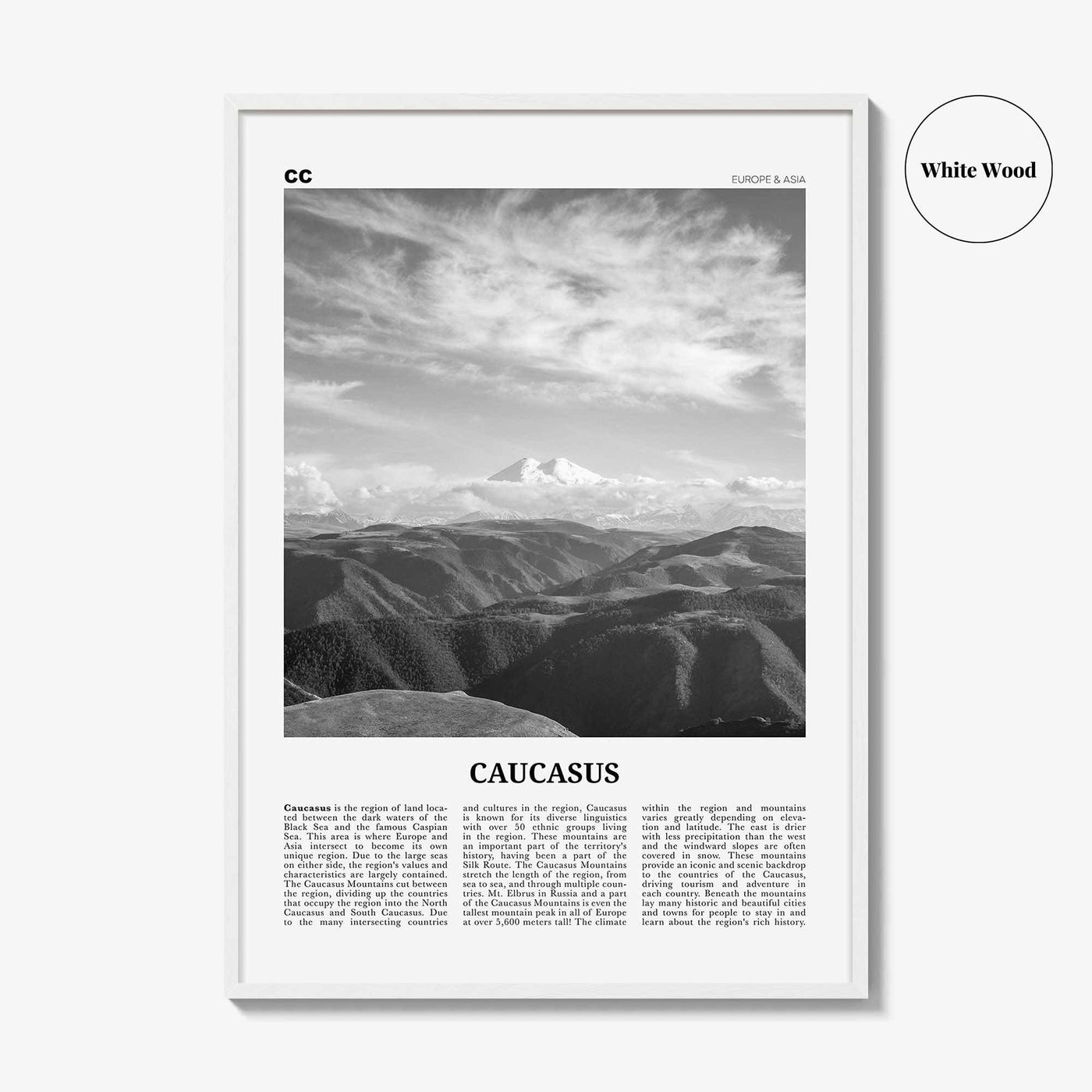 Caucasus Mountains Print Black and White, Caucasus Wall Art, Caucasus Poster, Caucasus Photo, Caucasus Wall Décor, Caucasus Map, Asia