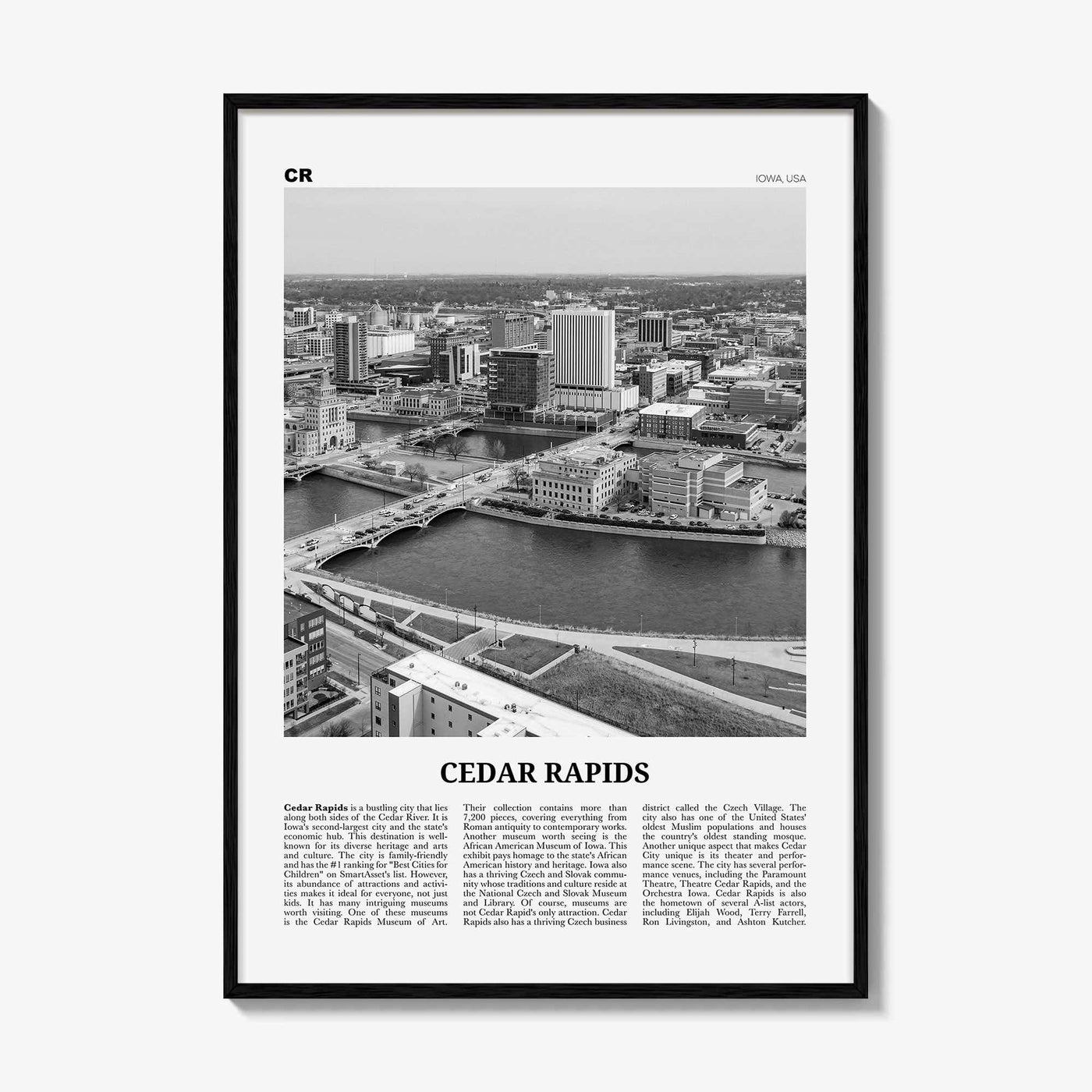 Cedar Rapids Print Black and White, Cedar Rapids Wall Art, Cedar Rapids Poster, Cedar Rapids Photo, Cedar Rapids Wall Décor, Iowa, USA