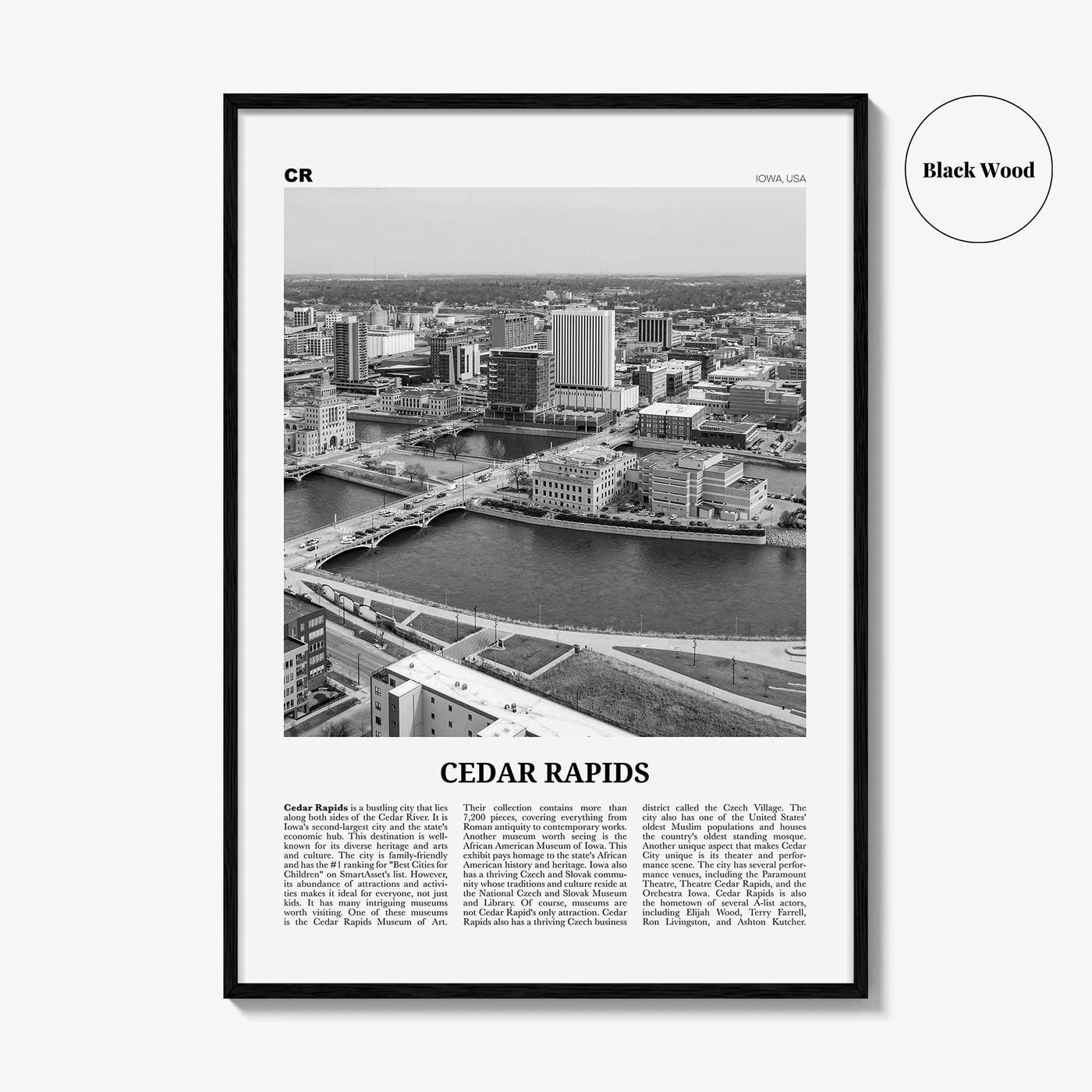 Cedar Rapids Print Black and White, Cedar Rapids Wall Art, Cedar Rapids Poster, Cedar Rapids Photo, Cedar Rapids Wall Décor, Iowa, USA