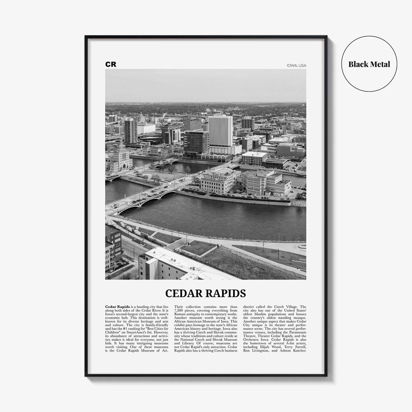 Cedar Rapids Print Black and White, Cedar Rapids Wall Art, Cedar Rapids Poster, Cedar Rapids Photo, Cedar Rapids Wall Décor, Iowa, USA