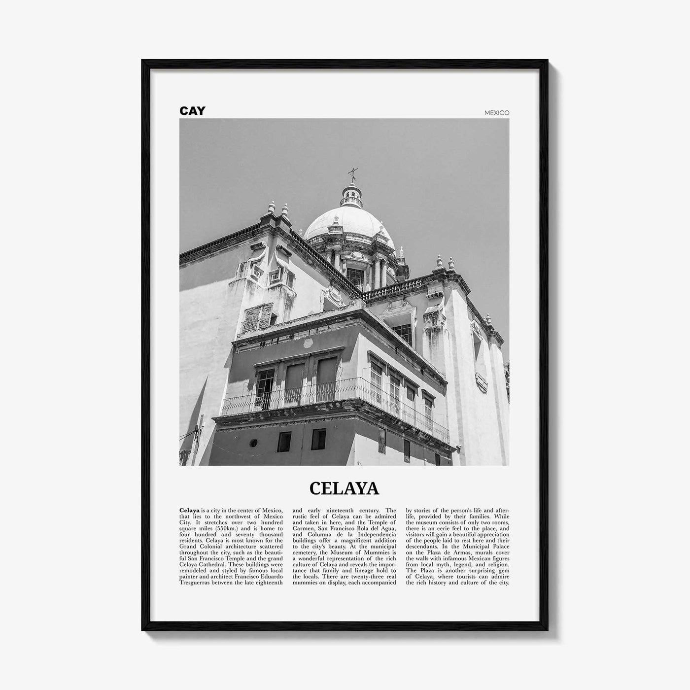 Celaya Print Black and White, Celaya Wall Art, Celaya Poster, Celaya Photo, Celaya Map, Mexico