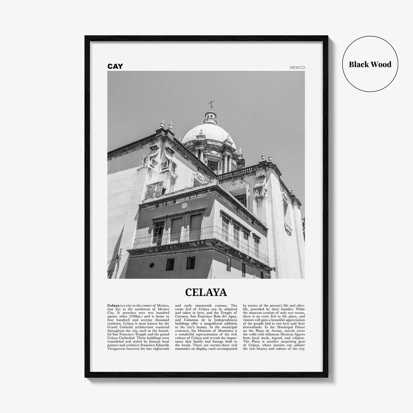 Celaya Print Black and White, Celaya Wall Art, Celaya Poster, Celaya Photo, Celaya Map, Mexico