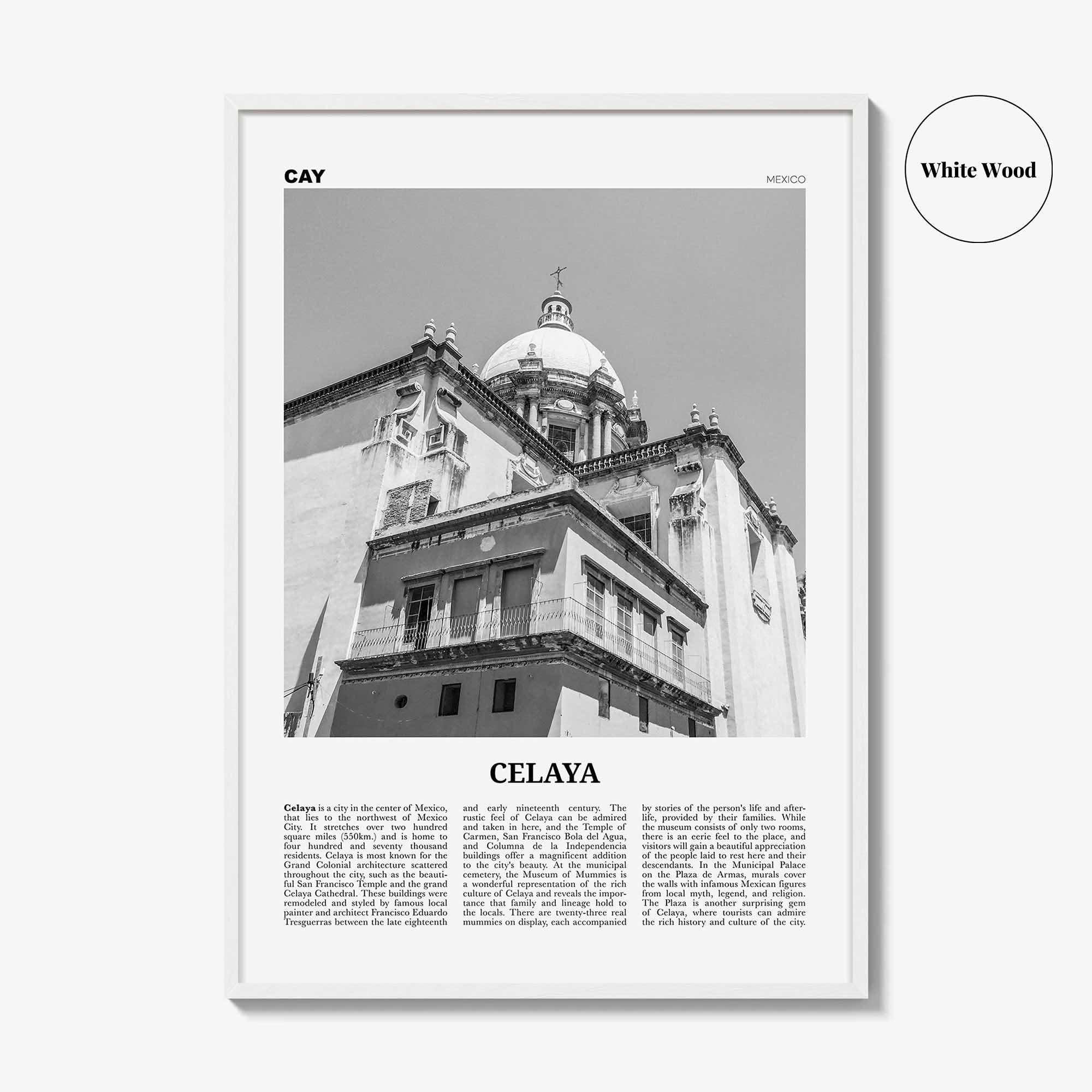 Celaya Print Black and White, Celaya Wall Art, Celaya Poster, Celaya Photo, Celaya Map, Mexico