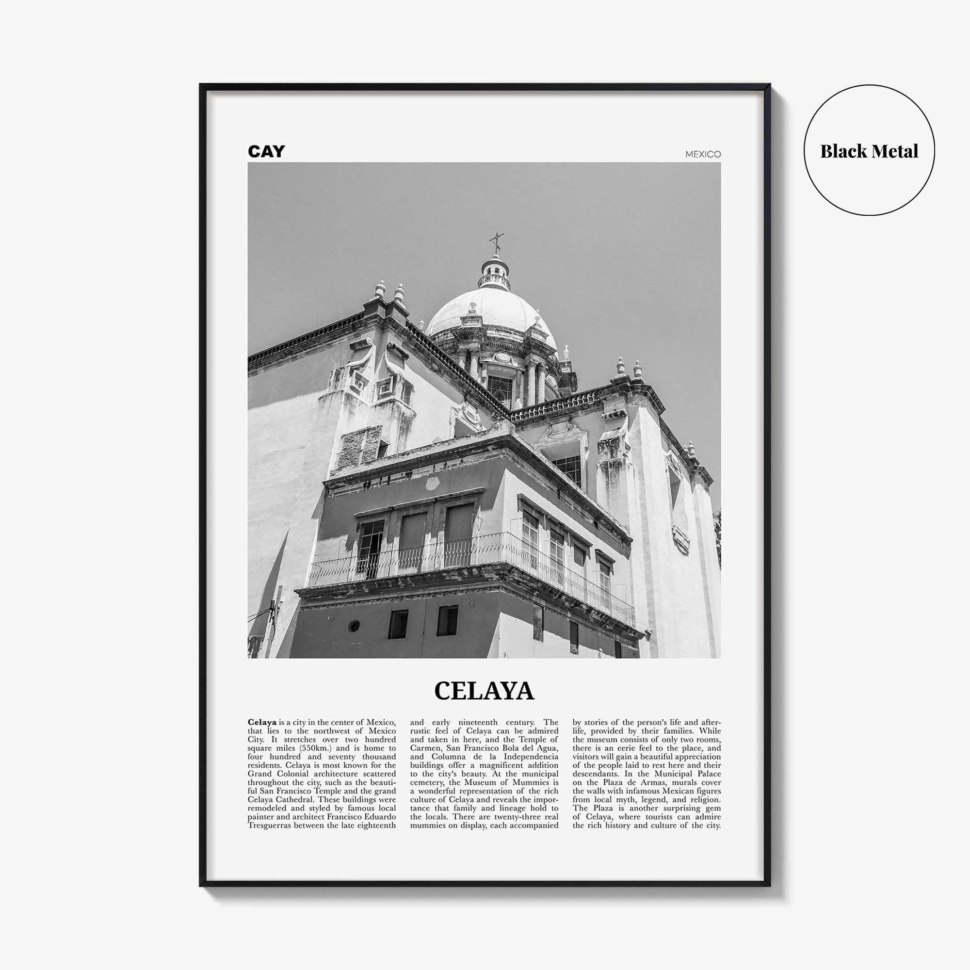 Celaya Print Black and White, Celaya Wall Art, Celaya Poster, Celaya Photo, Celaya Map, Mexico