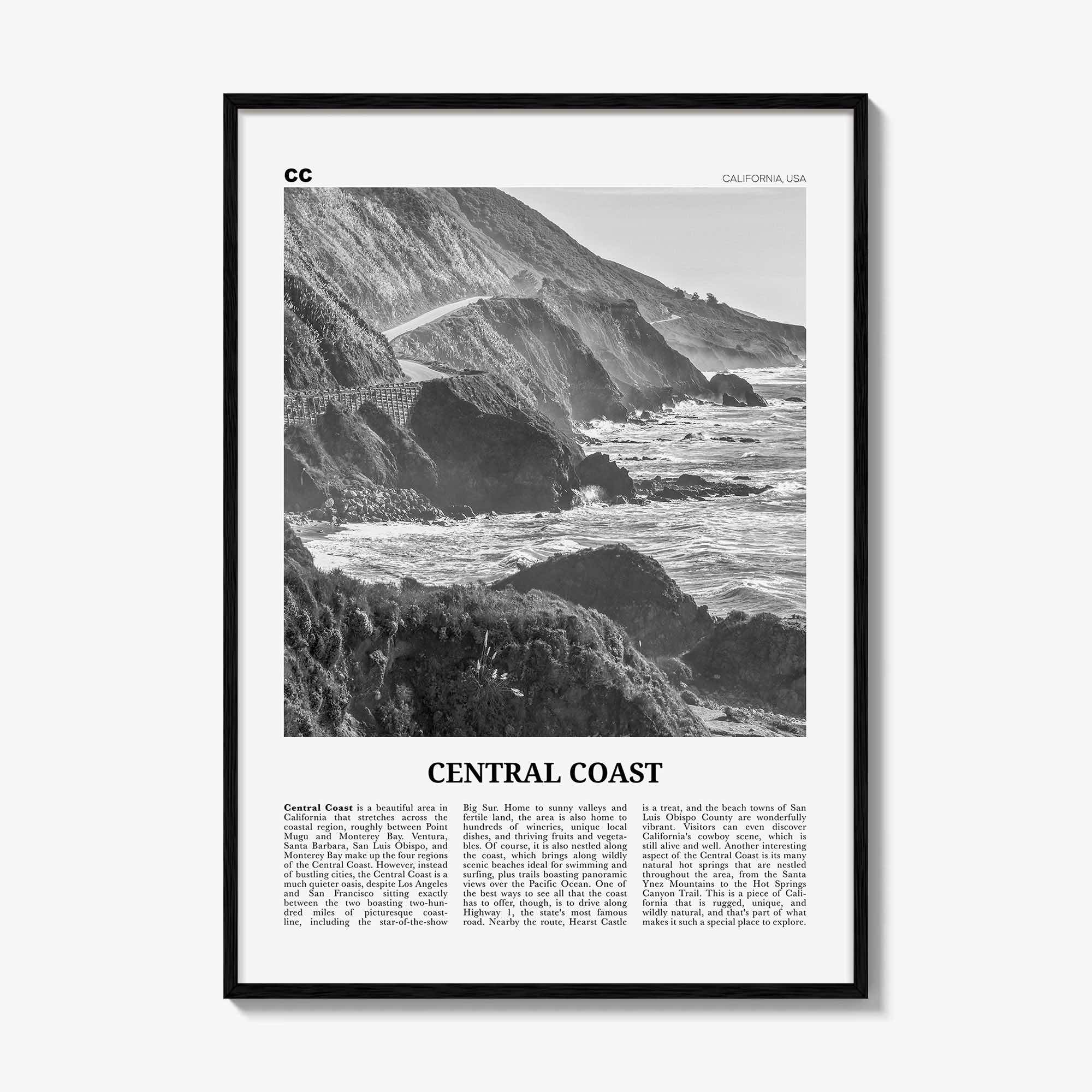 Central Coast Print Black and White, Central Coast Wall Art, Central Coast Poster, Central Coast Photo, Central Coast Décor, California, USA