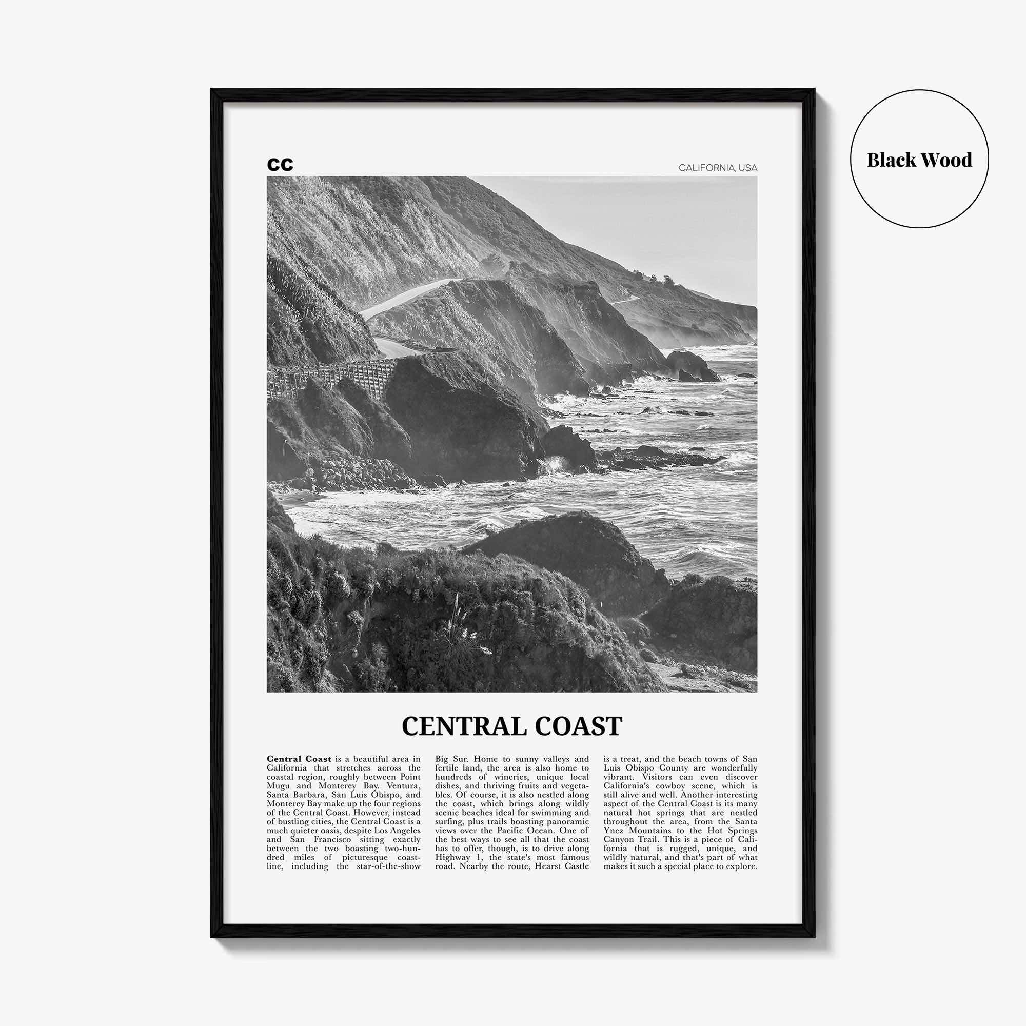 Central Coast Print Black and White, Central Coast Wall Art, Central Coast Poster, Central Coast Photo, Central Coast Décor, California, USA
