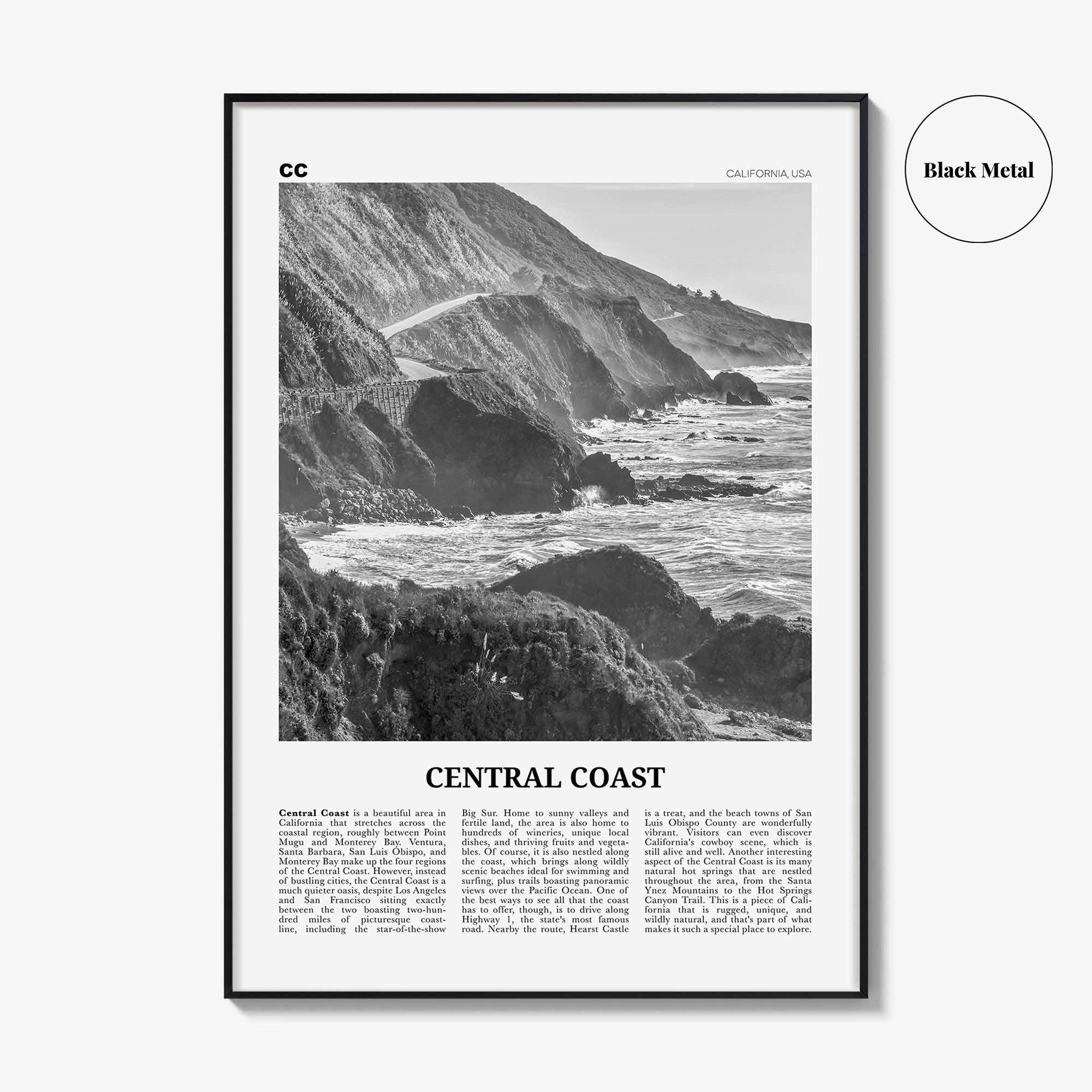 Central Coast Print Black and White, Central Coast Wall Art, Central Coast Poster, Central Coast Photo, Central Coast Décor, California, USA