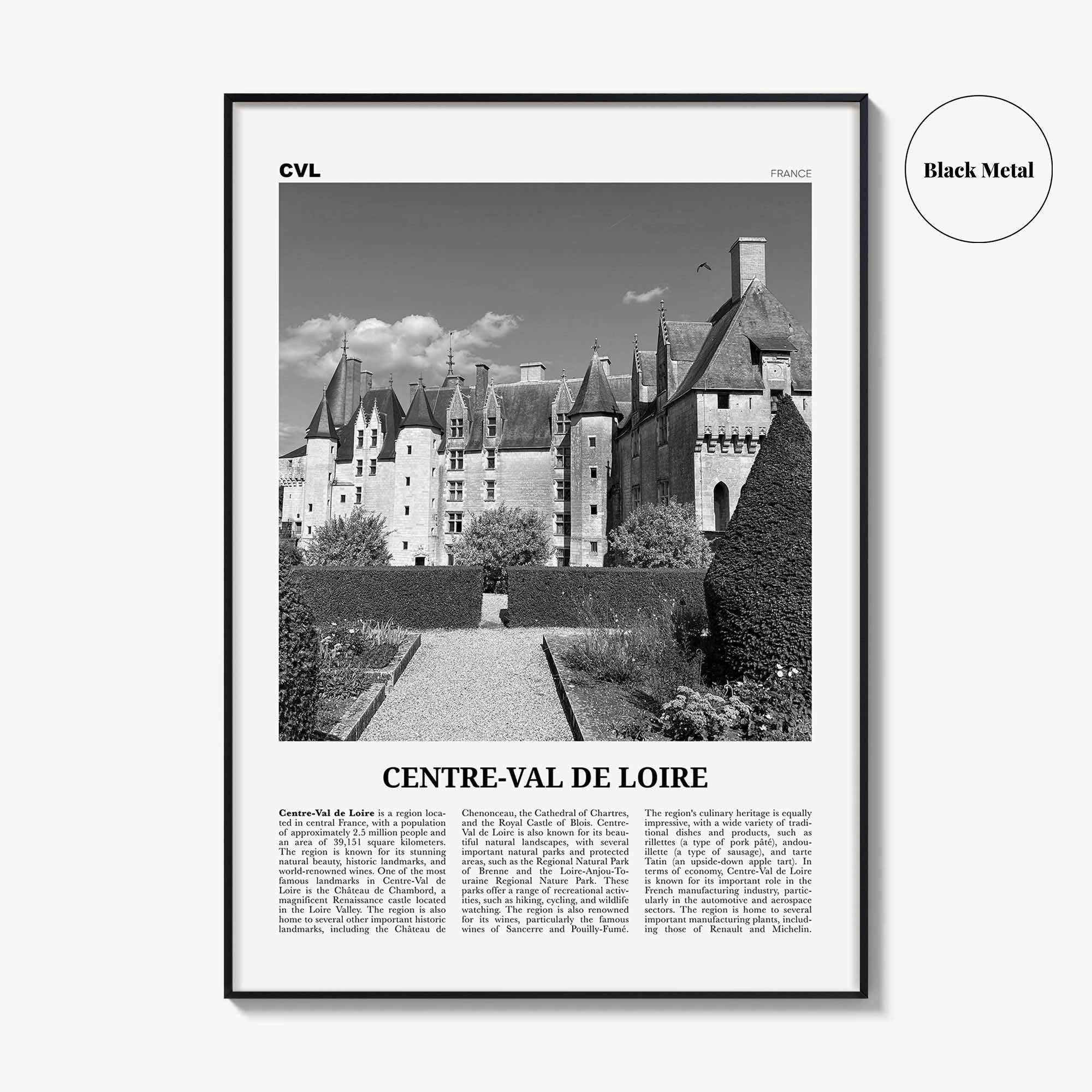 Centre Val De Loire Print Black and White, Centre-Val de Loire Wall Art, Centre-Val de Loire Poster, Centre-Val de Loire Photo, Décor, Map