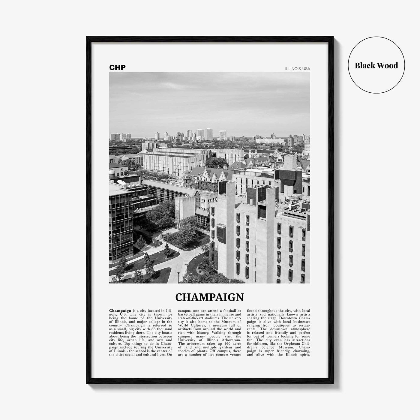 Champaign Print Black and White, Champaign Wall Art, Champaign Poster, Champaign Photo, Champaign Wall Décor, Illinois, USA, United States