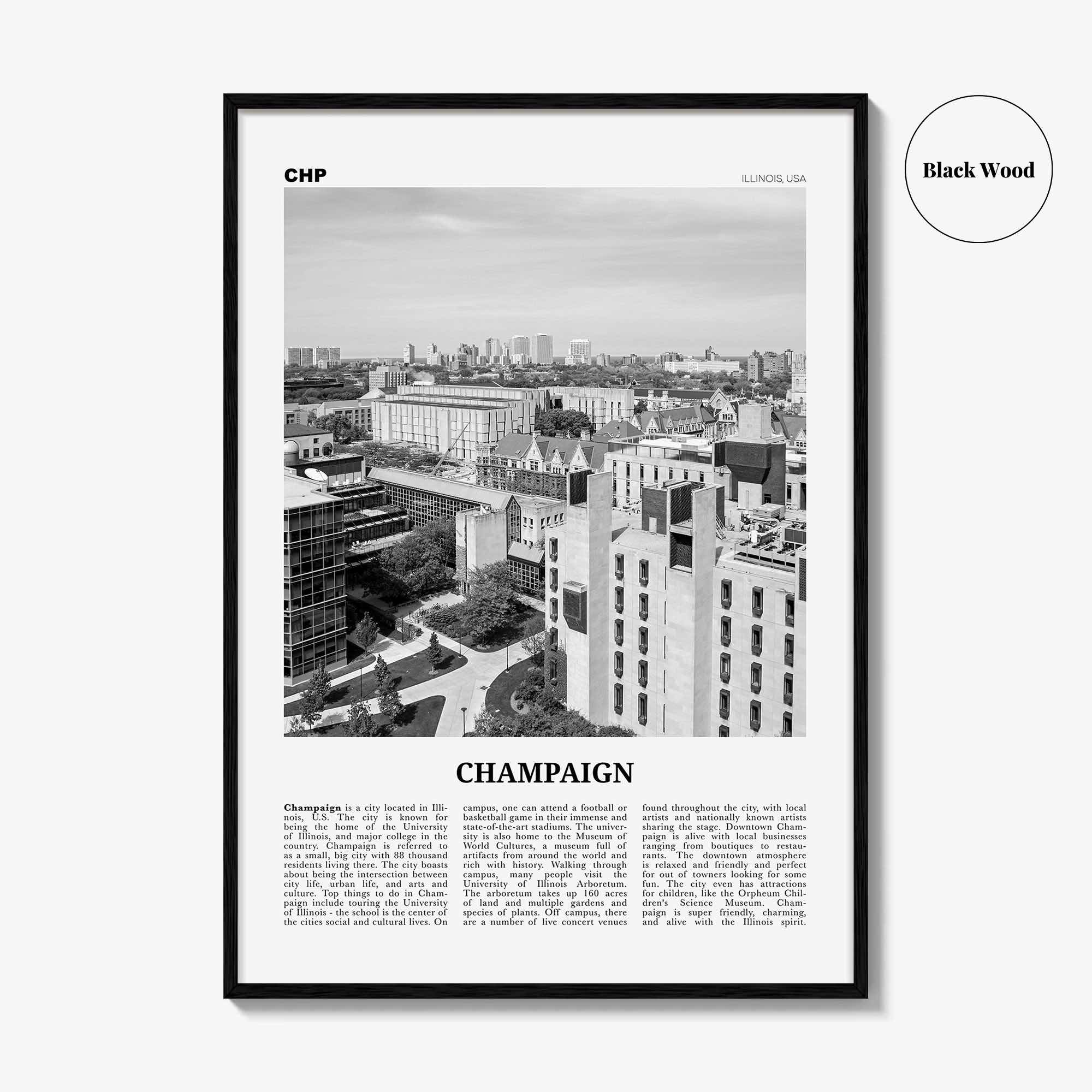 Champaign Print Black and White, Champaign Wall Art, Champaign Poster, Champaign Photo, Champaign Wall Décor, Illinois, USA, United States