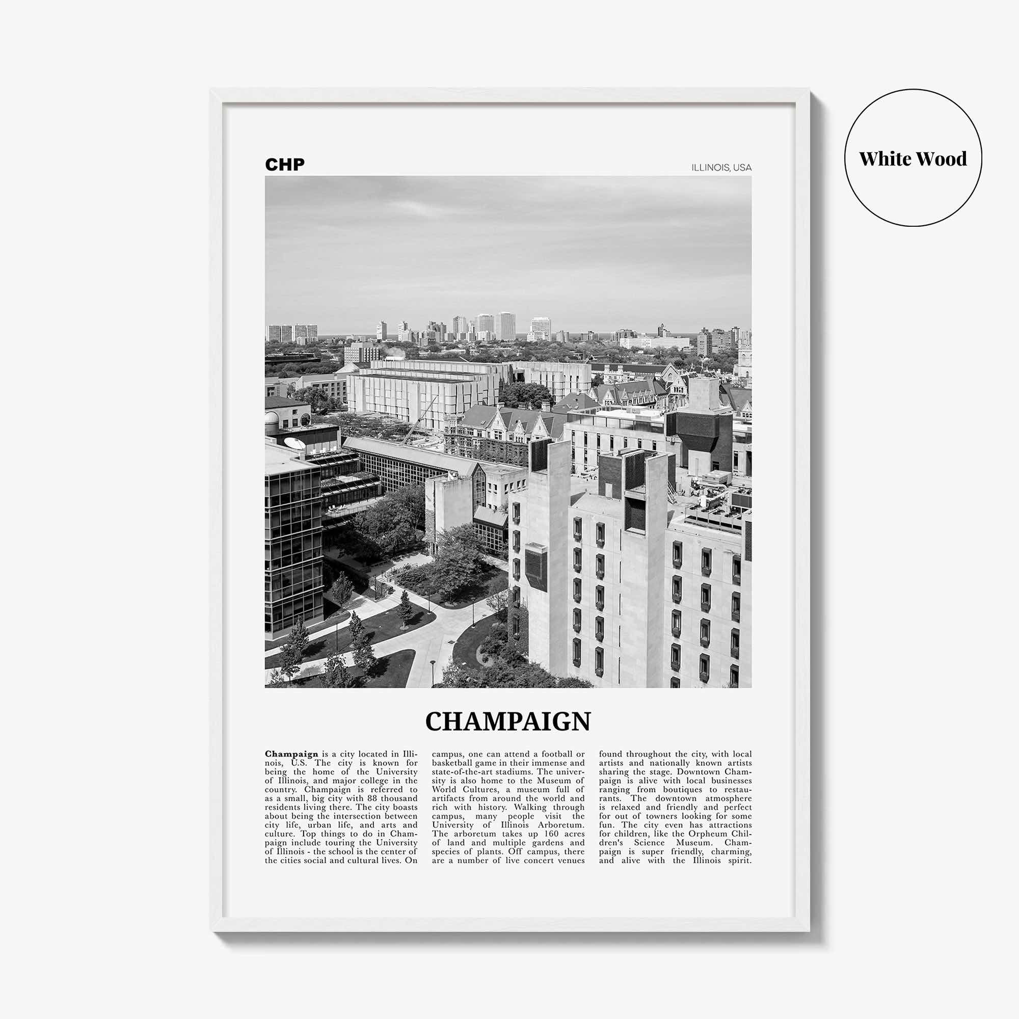 Champaign Print Black and White, Champaign Wall Art, Champaign Poster, Champaign Photo, Champaign Wall Décor, Illinois, USA, United States