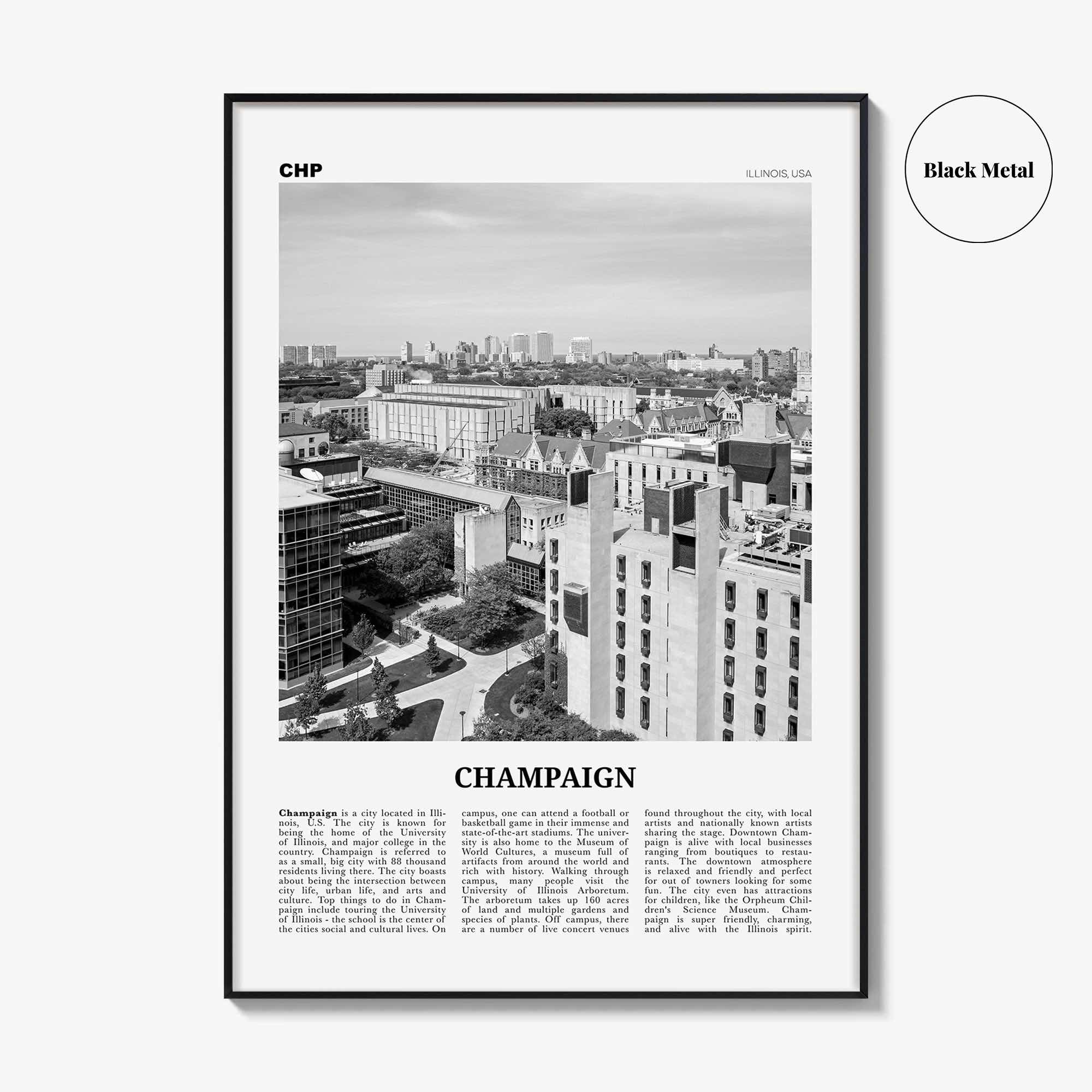 Champaign Print Black and White, Champaign Wall Art, Champaign Poster, Champaign Photo, Champaign Wall Décor, Illinois, USA, United States