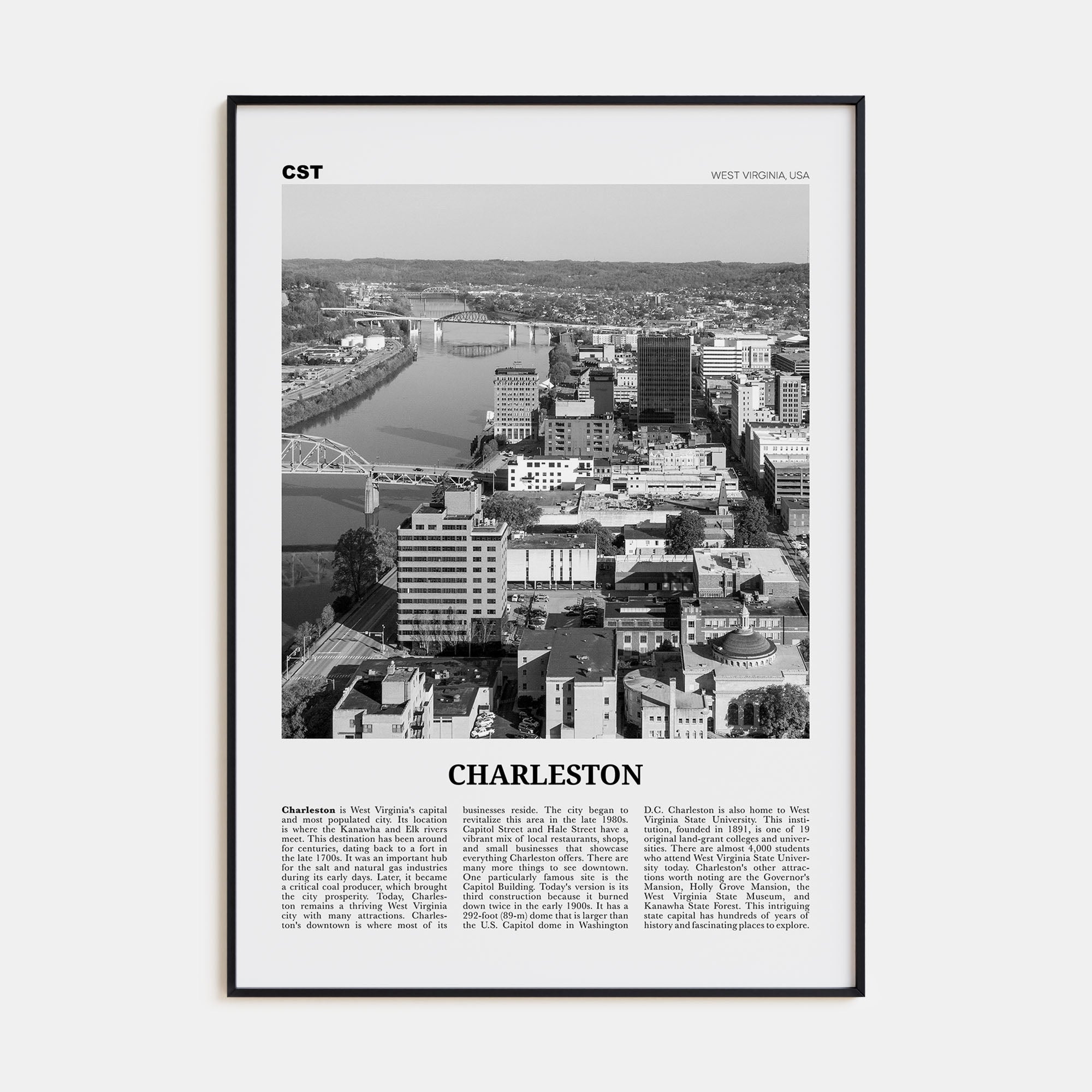 Charleston, West Virginia Travel B&W Poster