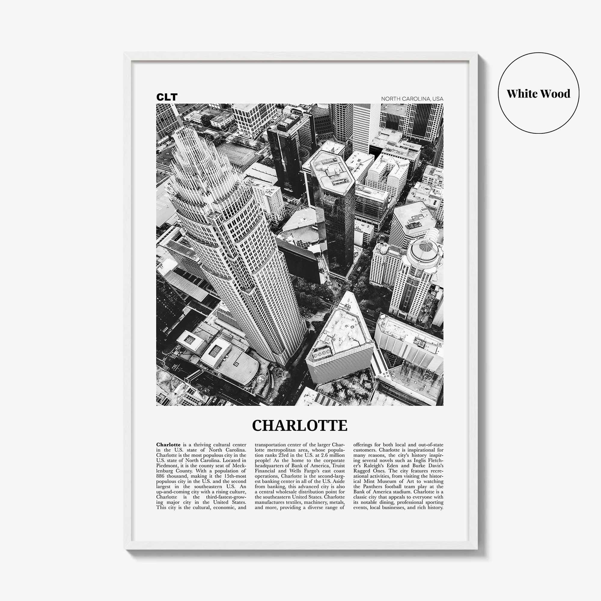 Charlotte Print Black and White No 1, Charlotte Wall Art, Charlotte Poster, Charlotte Photo, North Carolina, USA, United States