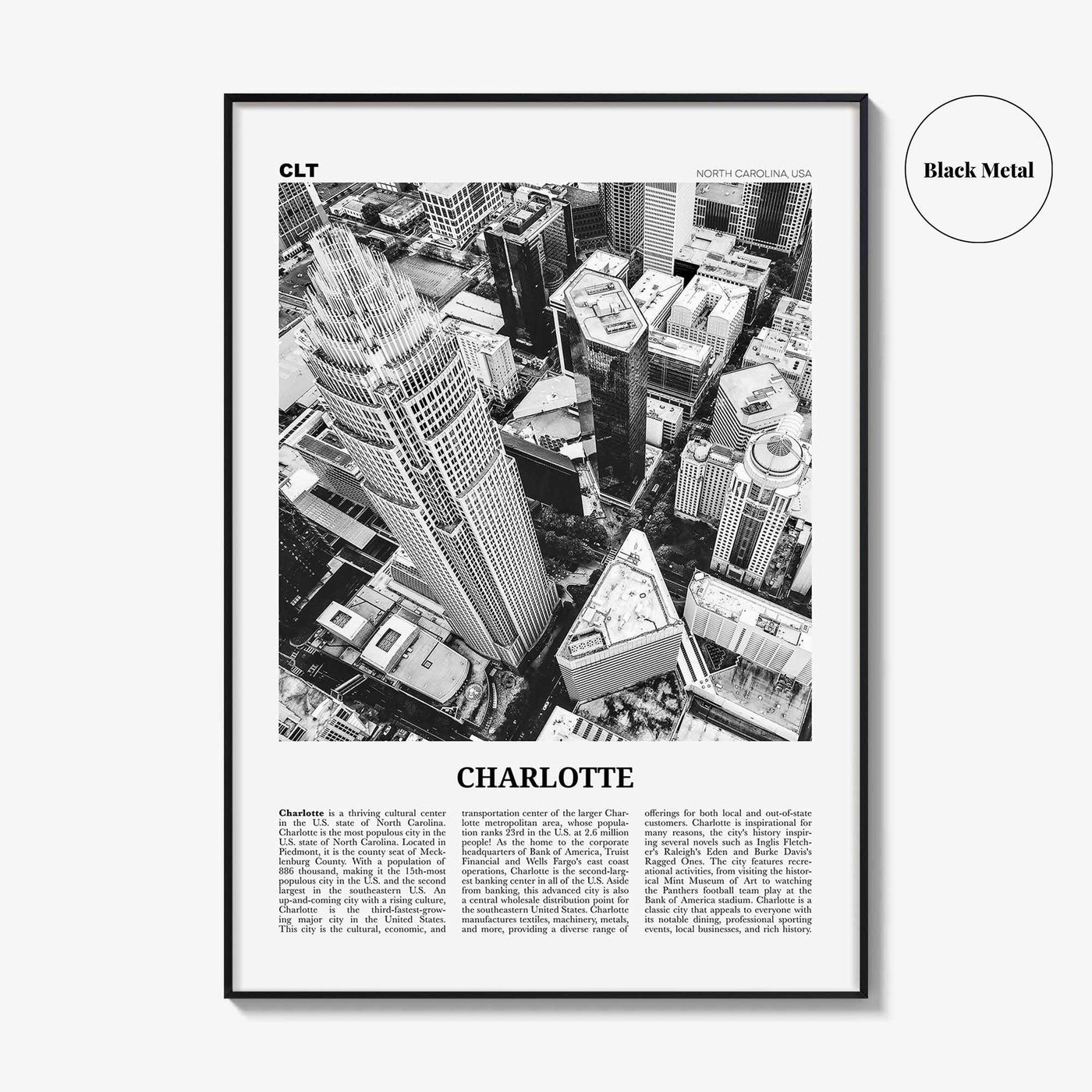 Charlotte Print Black and White No 1, Charlotte Wall Art, Charlotte Poster, Charlotte Photo, North Carolina, USA, United States