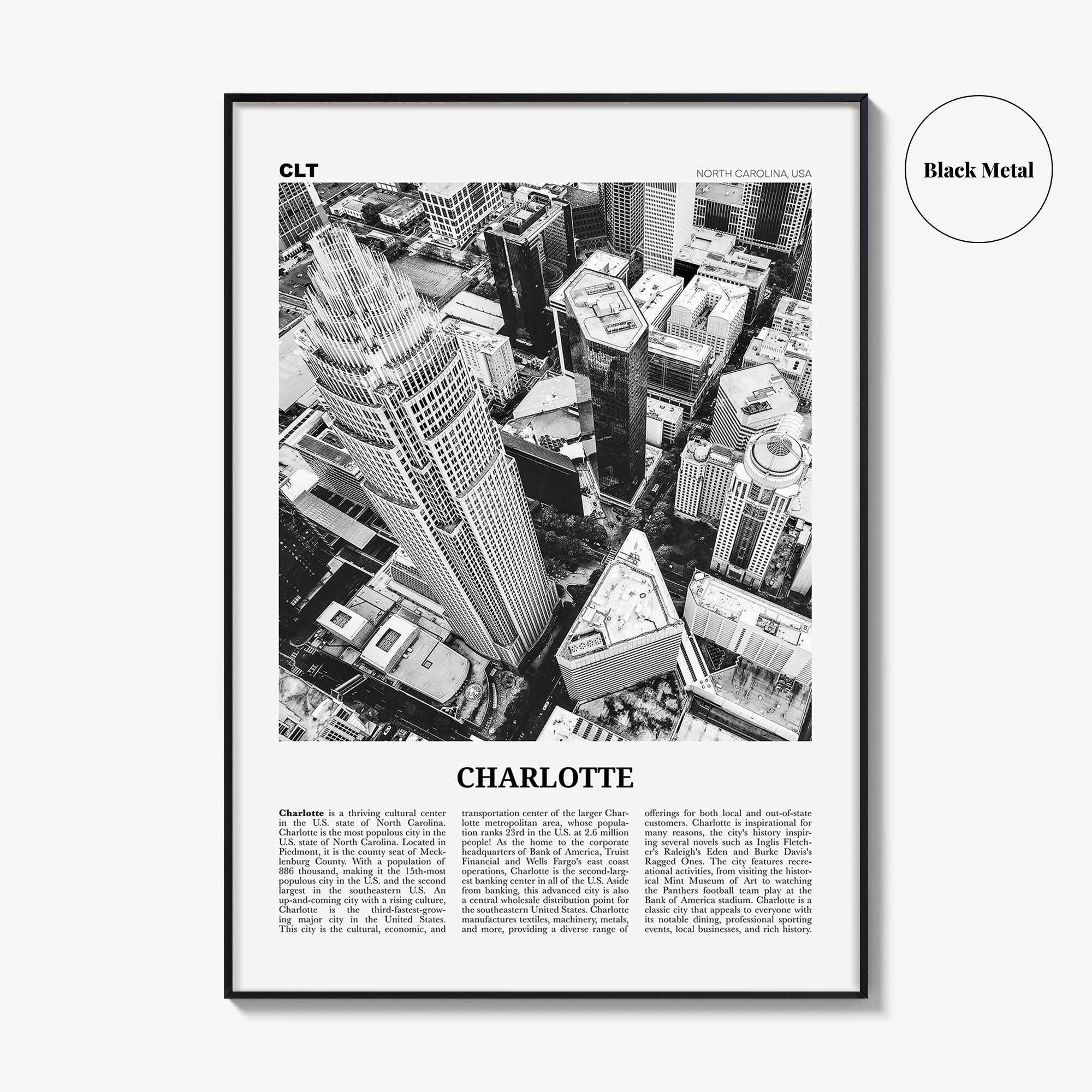 Charlotte Print Black and White No 1, Charlotte Wall Art, Charlotte Poster, Charlotte Photo, North Carolina, USA, United States