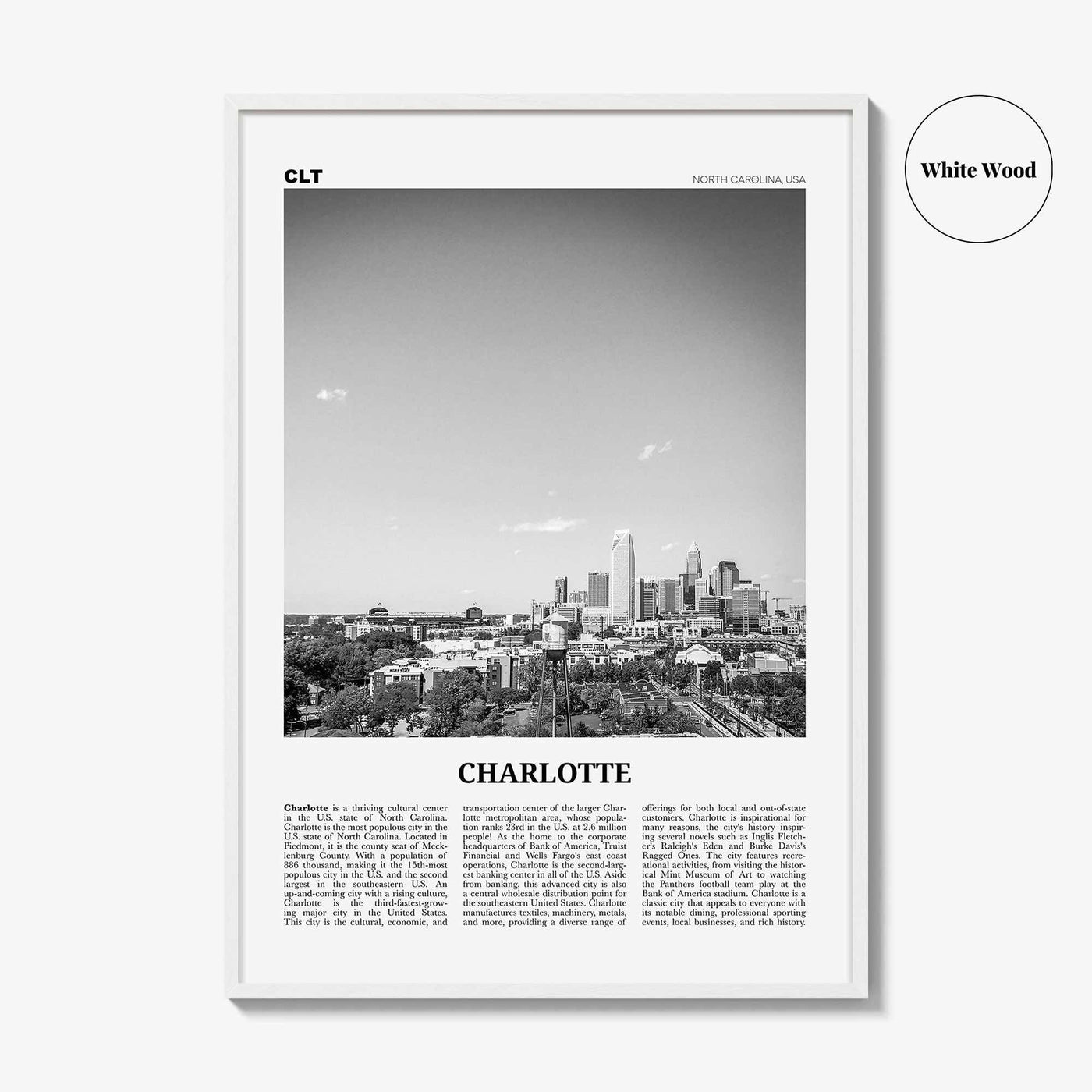Charlotte Print Black and White No 2, Charlotte Wall Art, Charlotte Poster, Charlotte Photo, North Carolina, USA, United States
