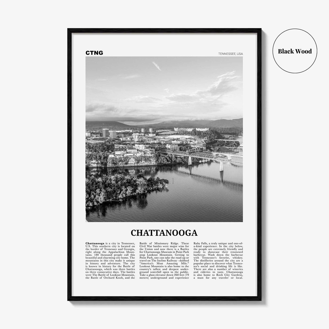 Chattanooga Print Black and White No 1, Chattanooga Wall Art, Chattanooga Poster, Chattanooga Photo, Chattanooga Wall Décor, Tennessee, USA