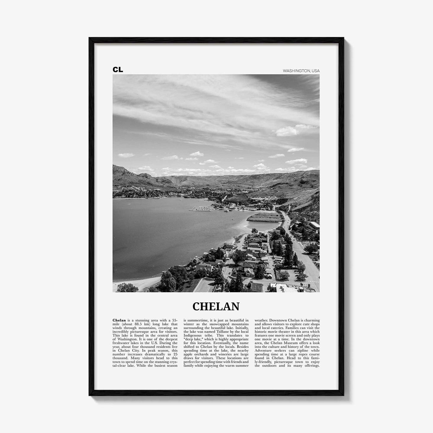 Chelan Print Black and White, Chelan Wall Art, Chelan Poster, Chelan Photo, Chelan Wall Décor, Chelan Map, Washington, USA