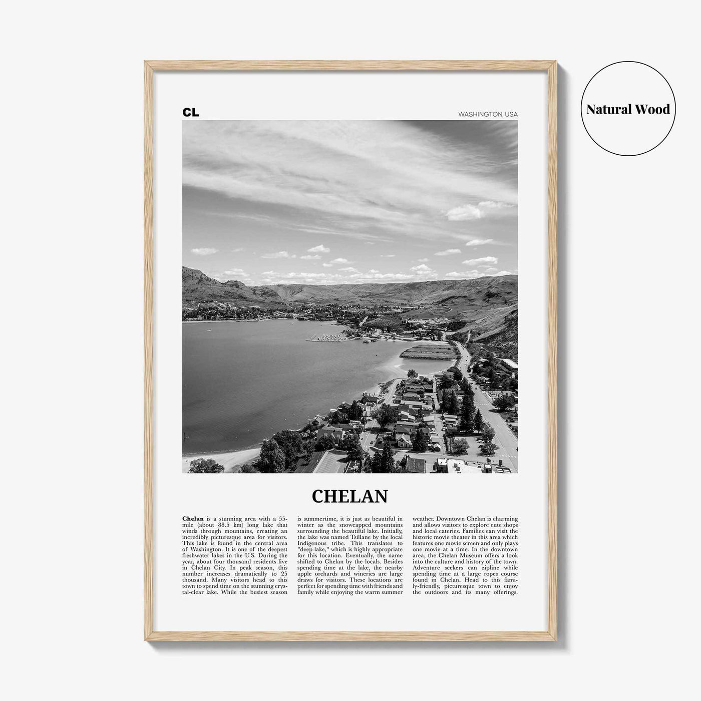 Chelan Print Black and White, Chelan Wall Art, Chelan Poster, Chelan Photo, Chelan Wall Décor, Chelan Map, Washington, USA