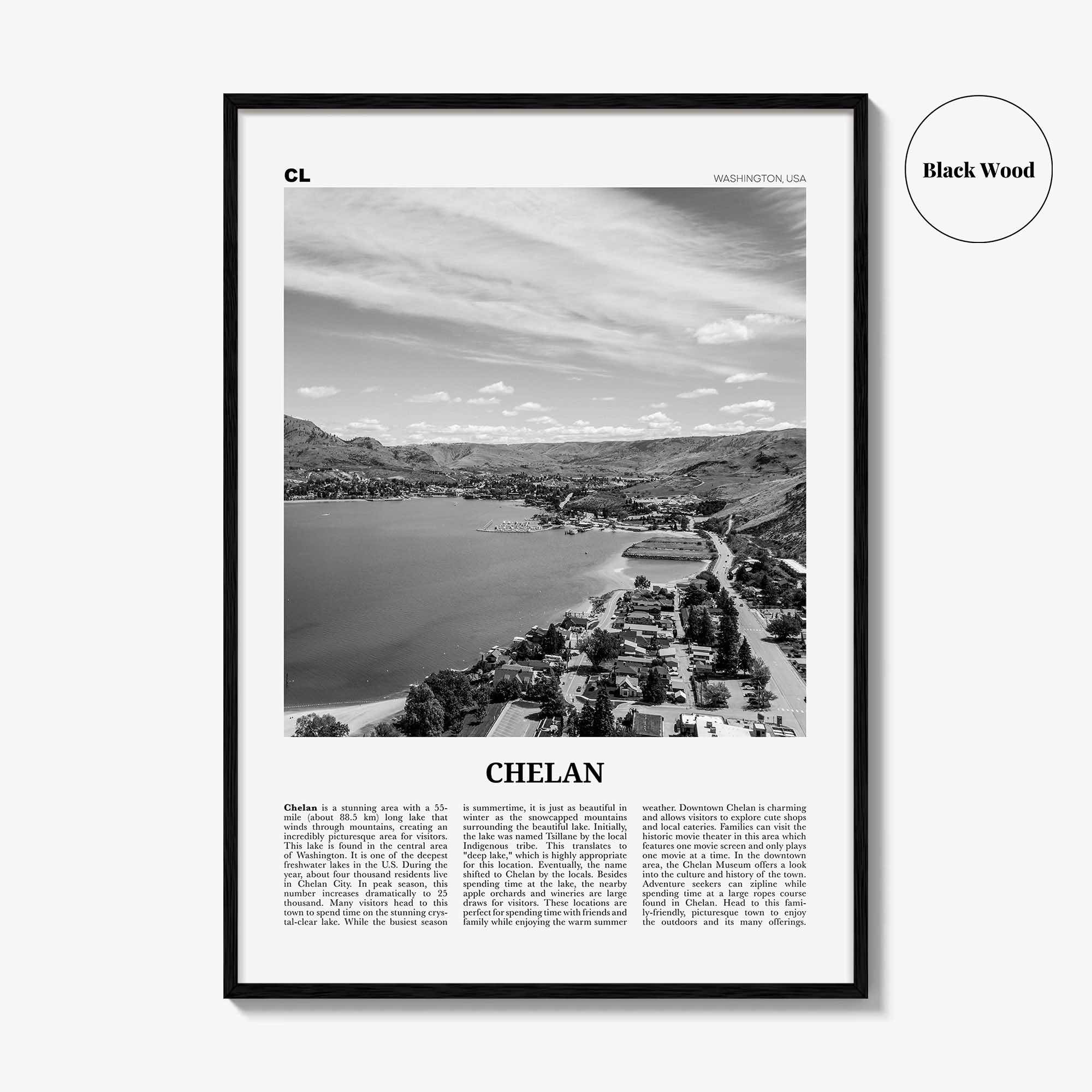 Chelan Print Black and White, Chelan Wall Art, Chelan Poster, Chelan Photo, Chelan Wall Décor, Chelan Map, Washington, USA