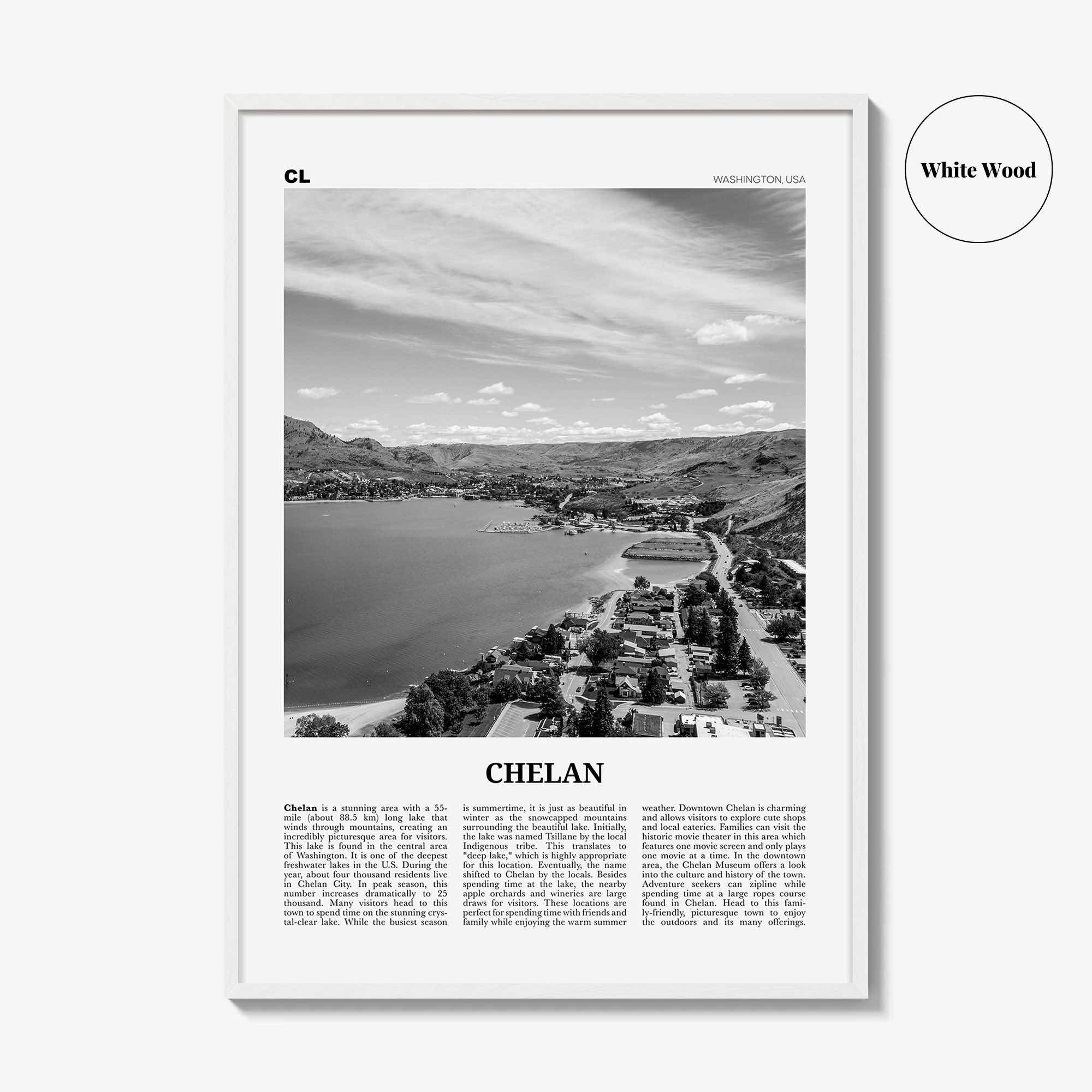 Chelan Print Black and White, Chelan Wall Art, Chelan Poster, Chelan Photo, Chelan Wall Décor, Chelan Map, Washington, USA