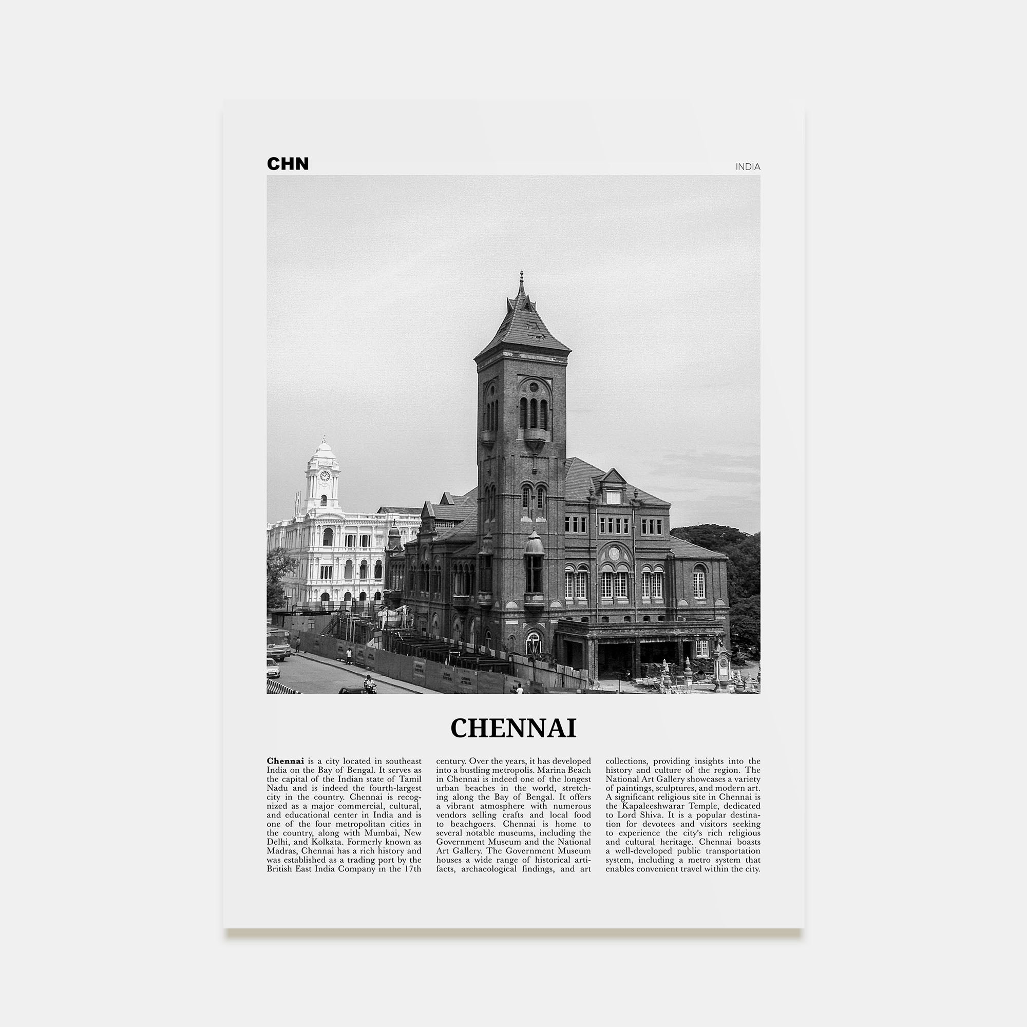 Chennai Travel B&W Poster