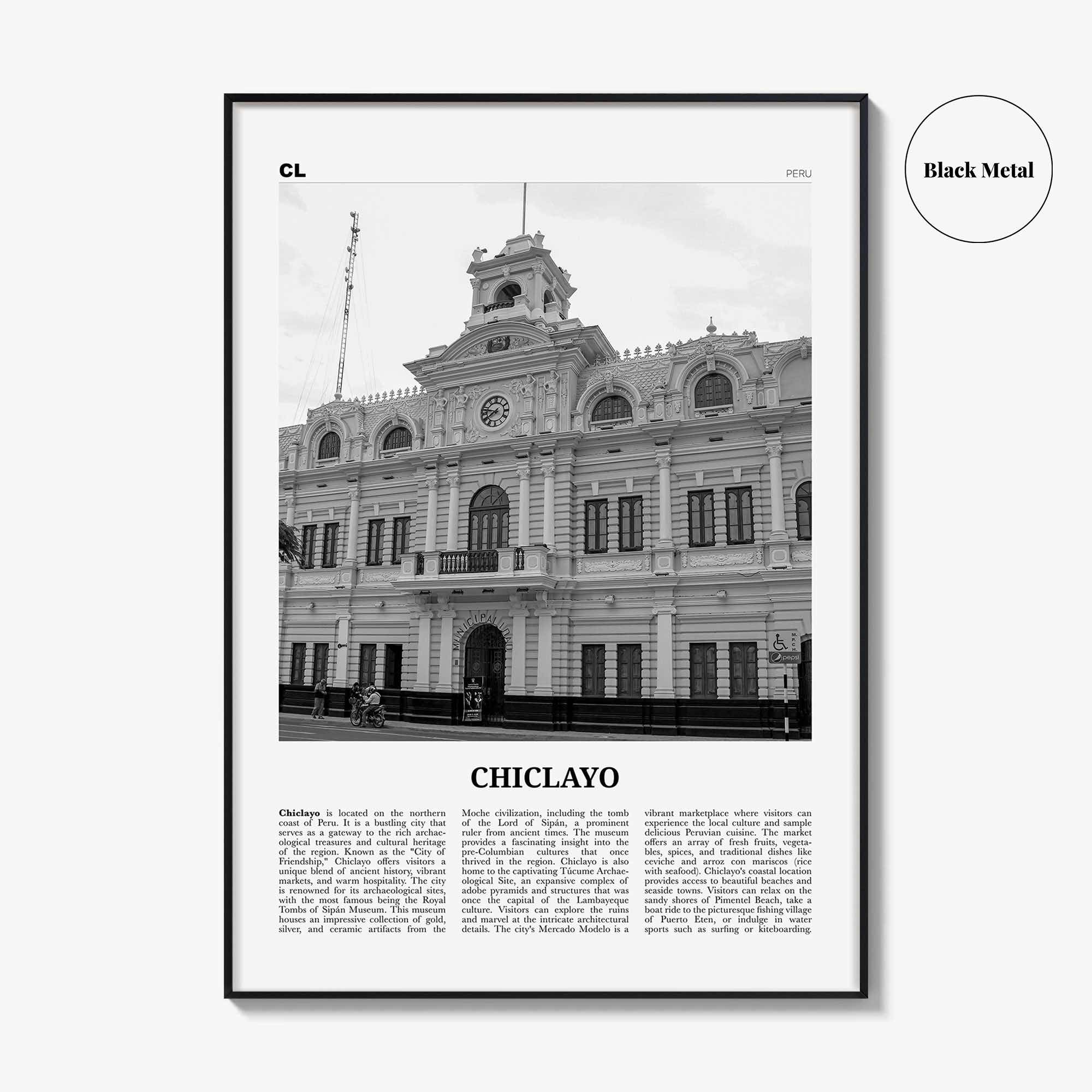 Chiclayo Print Black and White, Chiclayo Wall Art, Chiclayo Poster, Chiclayo Photo, Chiclayo Wall Décor, Chiclayo Map, Peru