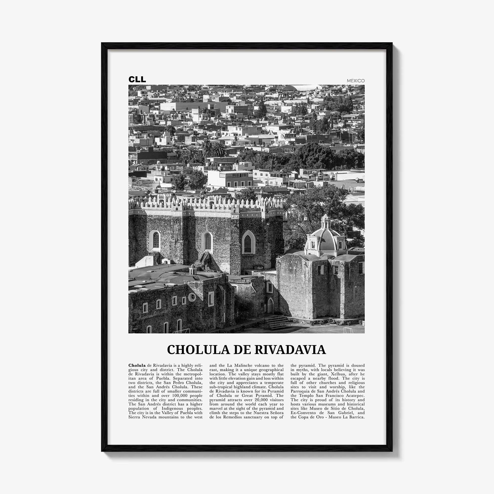 Cholula de Rivadavia Print Black and White, Cholula Wall Art, Cholula Poster, Cholula Photo, Cholula Wall Décor, Cholula Map, Mexico
