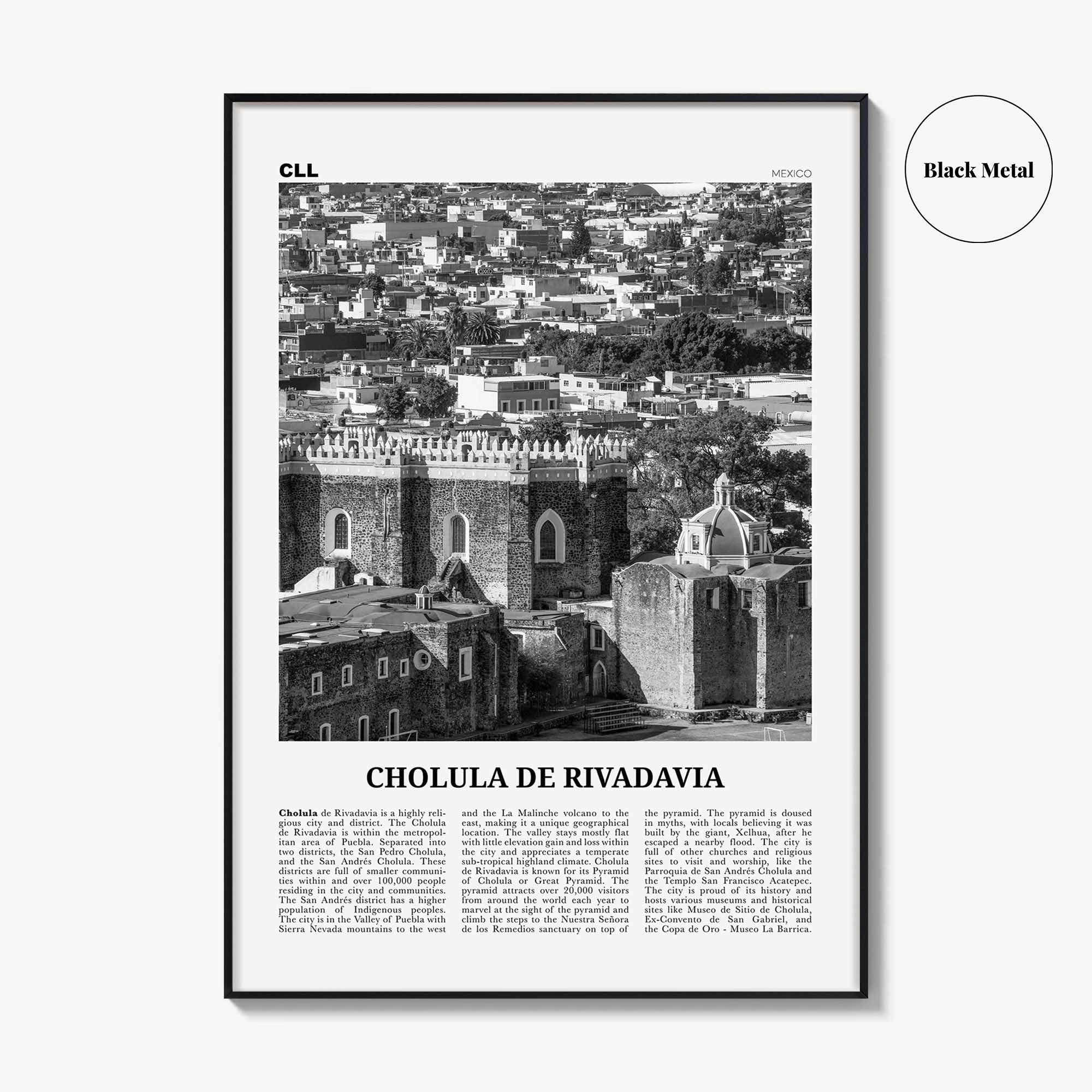 Cholula de Rivadavia Print Black and White, Cholula Wall Art, Cholula Poster, Cholula Photo, Cholula Wall Décor, Cholula Map, Mexico