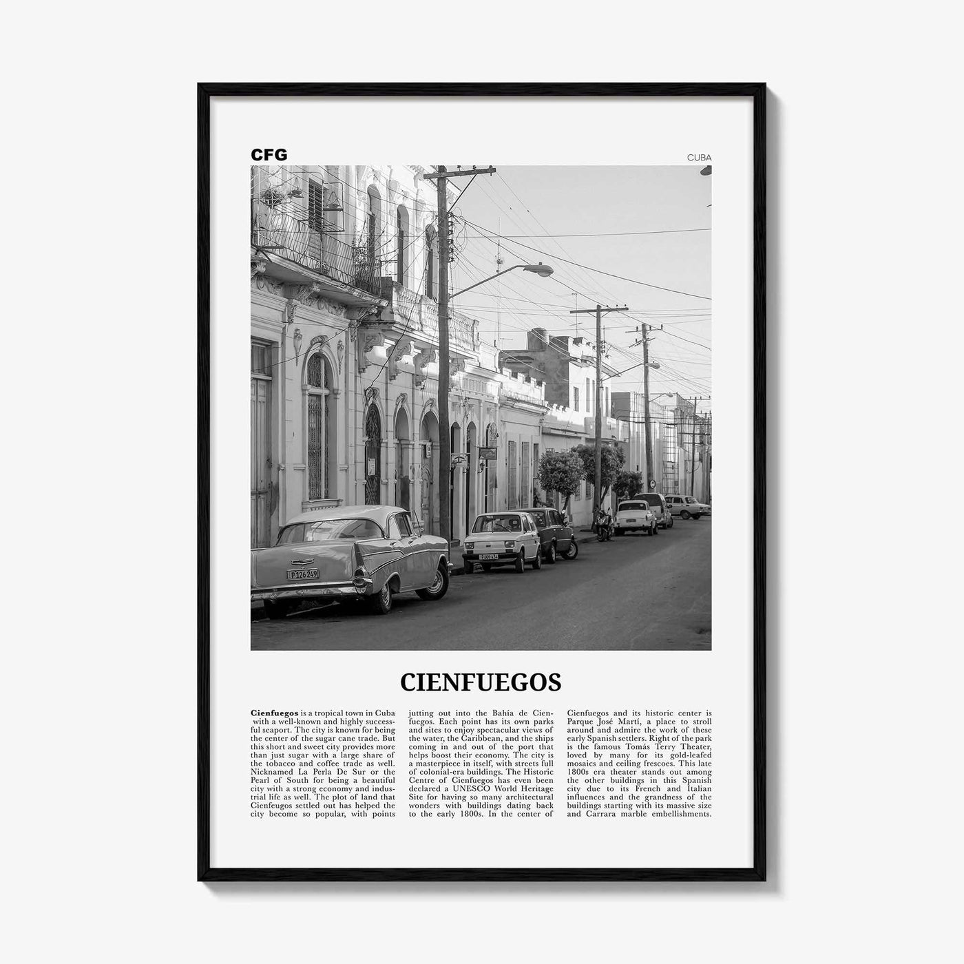 Cienfuegos Print Black and White, Cienfuegos Wall Art, Cienfuegos Poster, Cienfuegos Photo, Cienfuegos Wall Décor, Cienfuegos Map, Cuba