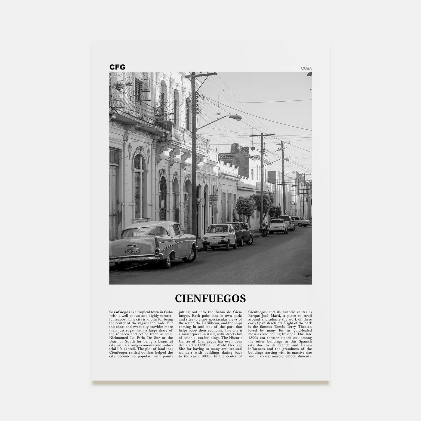 Cienfuegos Travel B&W Poster