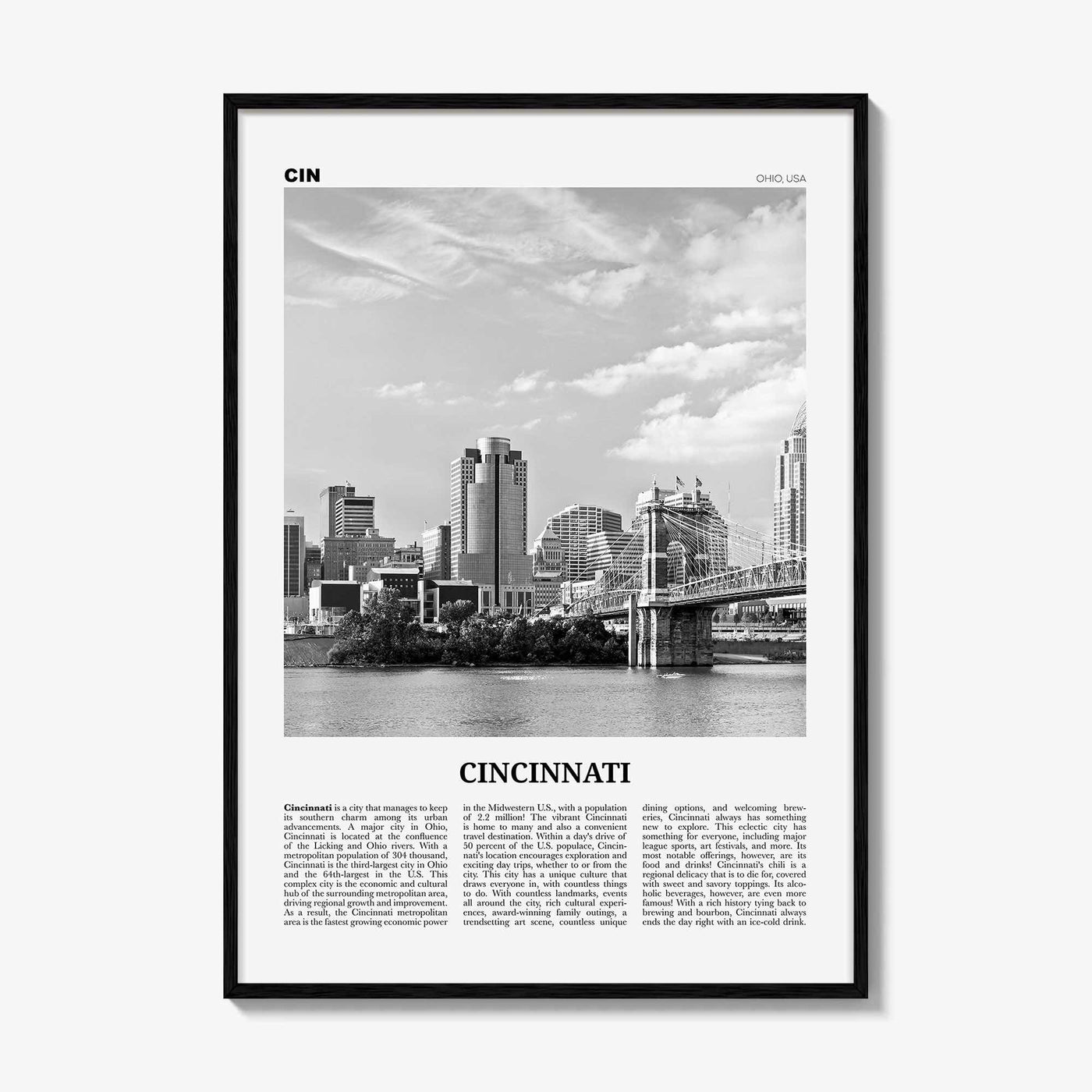 Cincinnati Print Black and White No 1, Cincinnati Wall Art, Cincinnati Poster, Cincinnati Photo, Ohio, USA, United States, North America