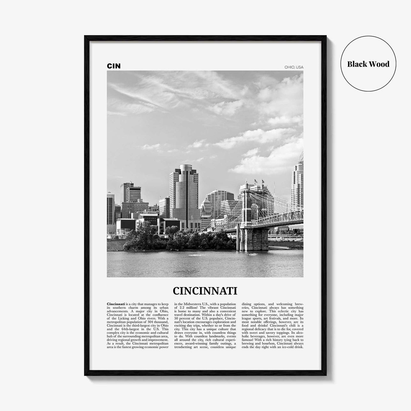 Cincinnati Print Black and White No 1, Cincinnati Wall Art, Cincinnati Poster, Cincinnati Photo, Ohio, USA, United States, North America