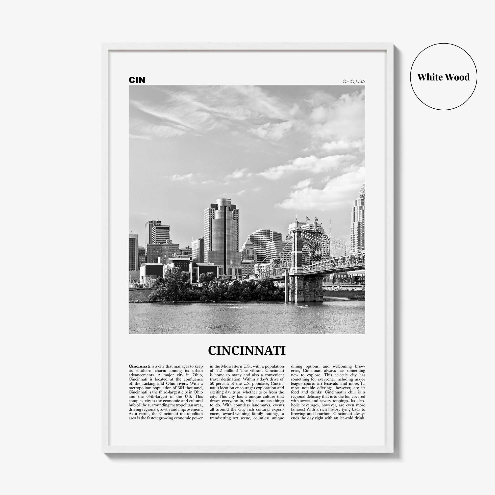 Cincinnati Print Black and White No 1, Cincinnati Wall Art, Cincinnati Poster, Cincinnati Photo, Ohio, USA, United States, North America