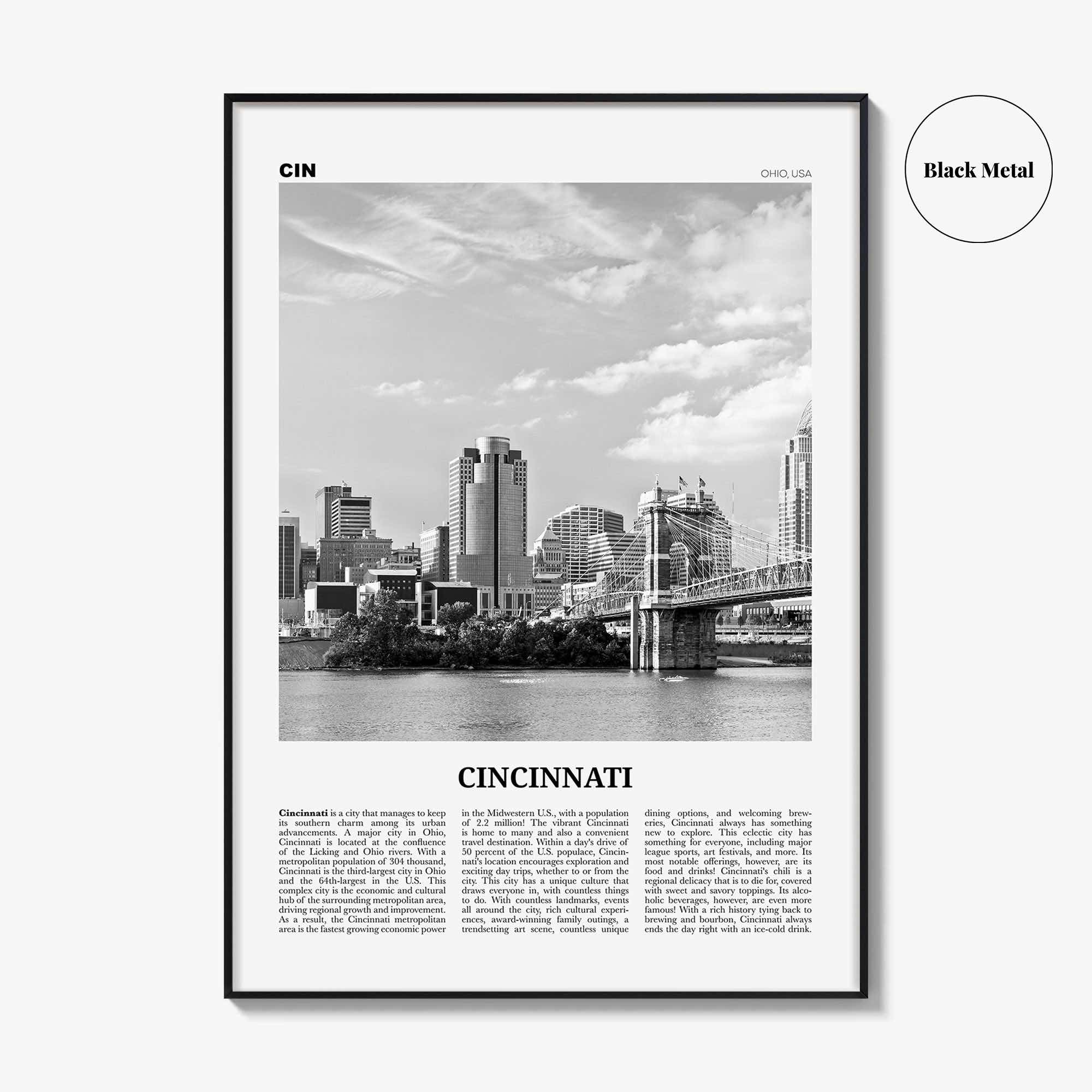 Cincinnati Print Black and White No 1, Cincinnati Wall Art, Cincinnati Poster, Cincinnati Photo, Ohio, USA, United States, North America