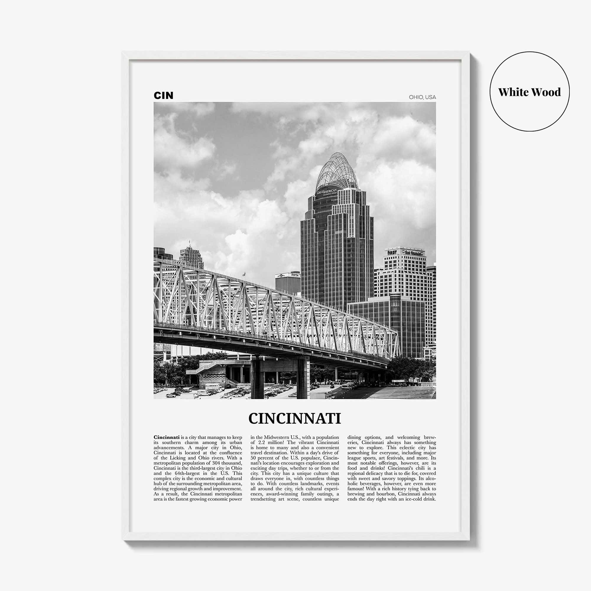 Cincinnati Print Black and White No 2, Cincinnati Wall Art, Cincinnati Poster, Cincinnati Photo, Ohio, USA, United States, North America